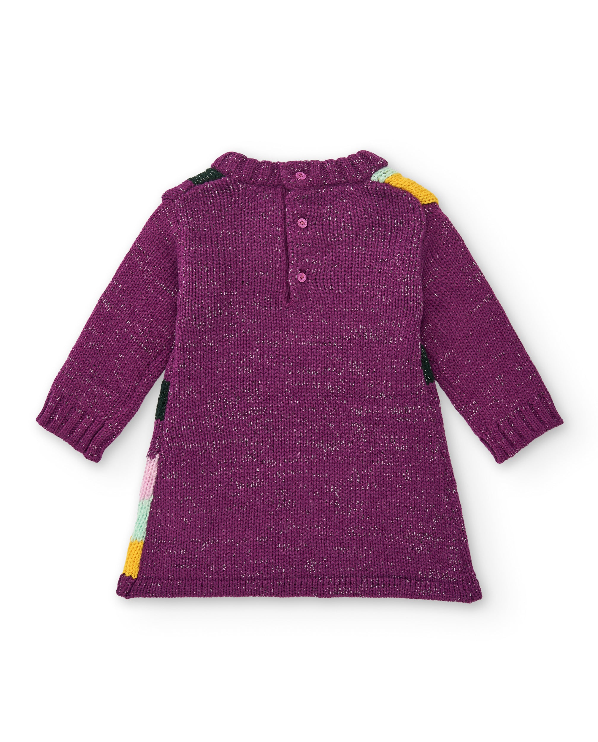 Vestido de punto fucsia con detalles arcoíris para niña