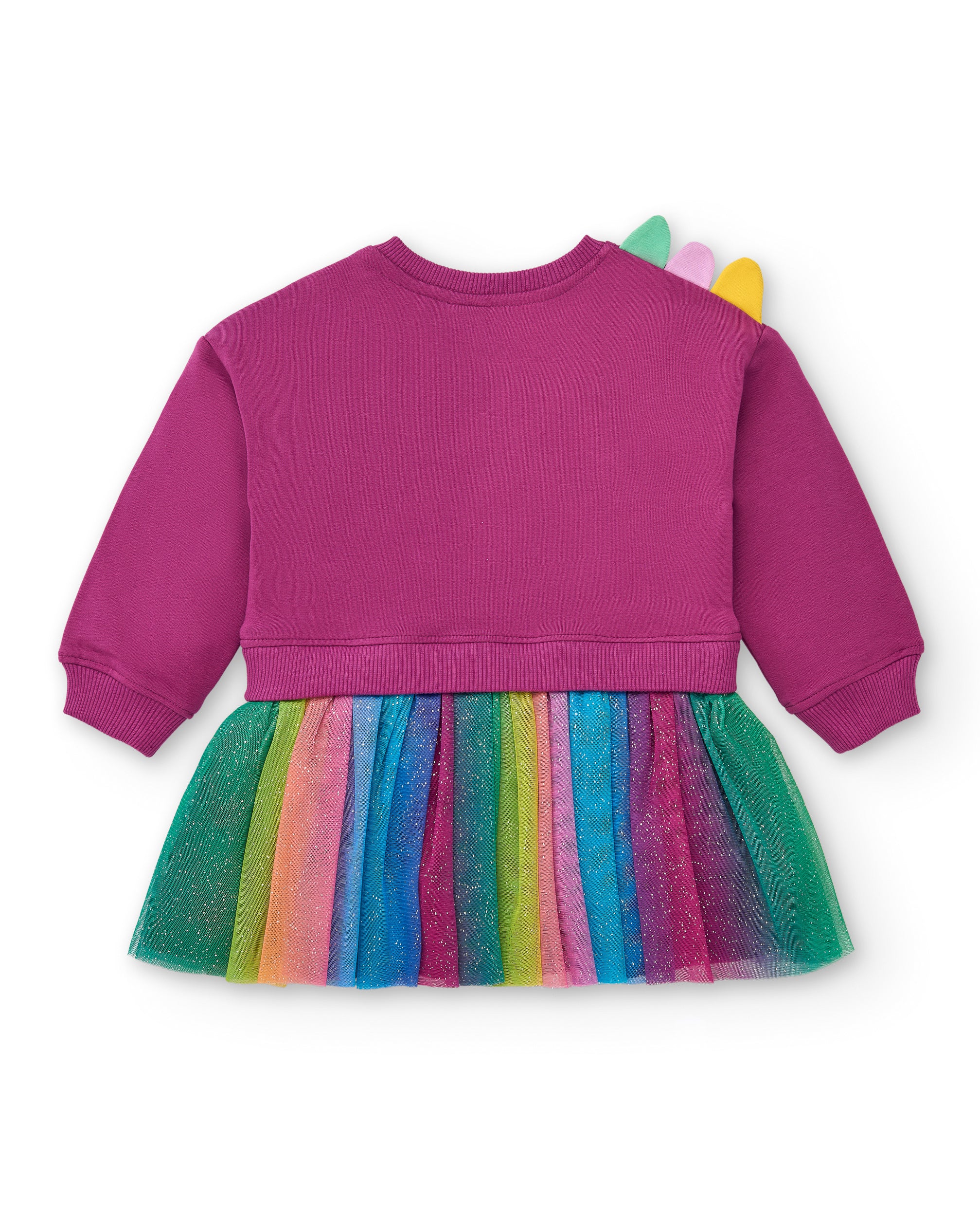 Vestido sudadera fucsia con dinosaurio y falda arcoíris para