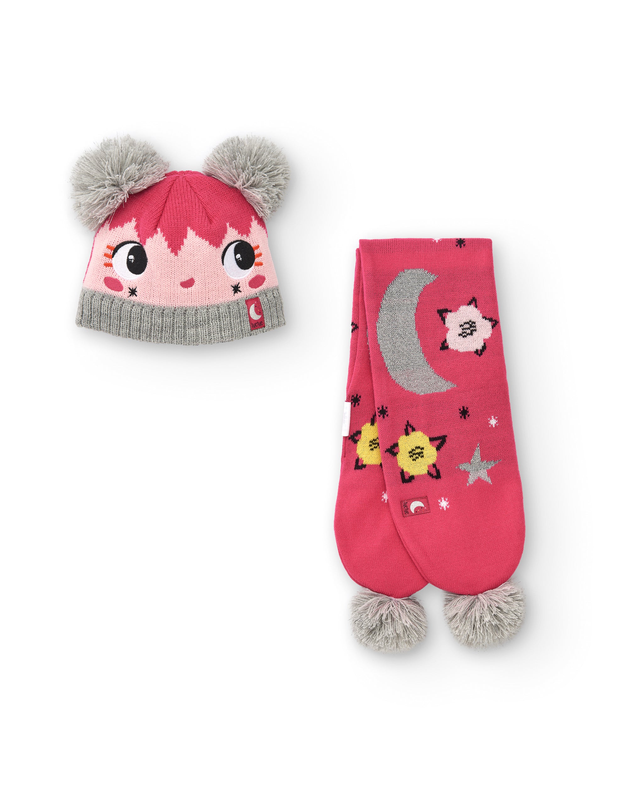 Gorro y bufanda tricot para niña en rosa con detalles