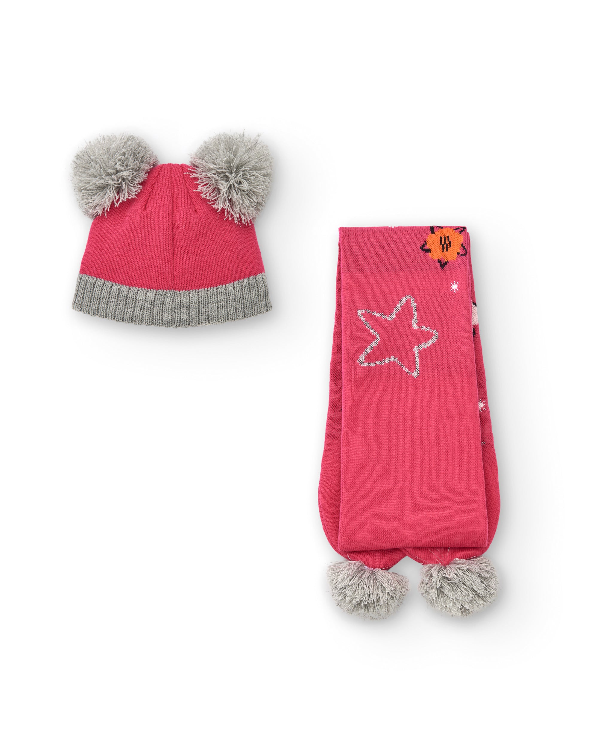 Gorro y bufanda tricot para niña en rosa con detalles