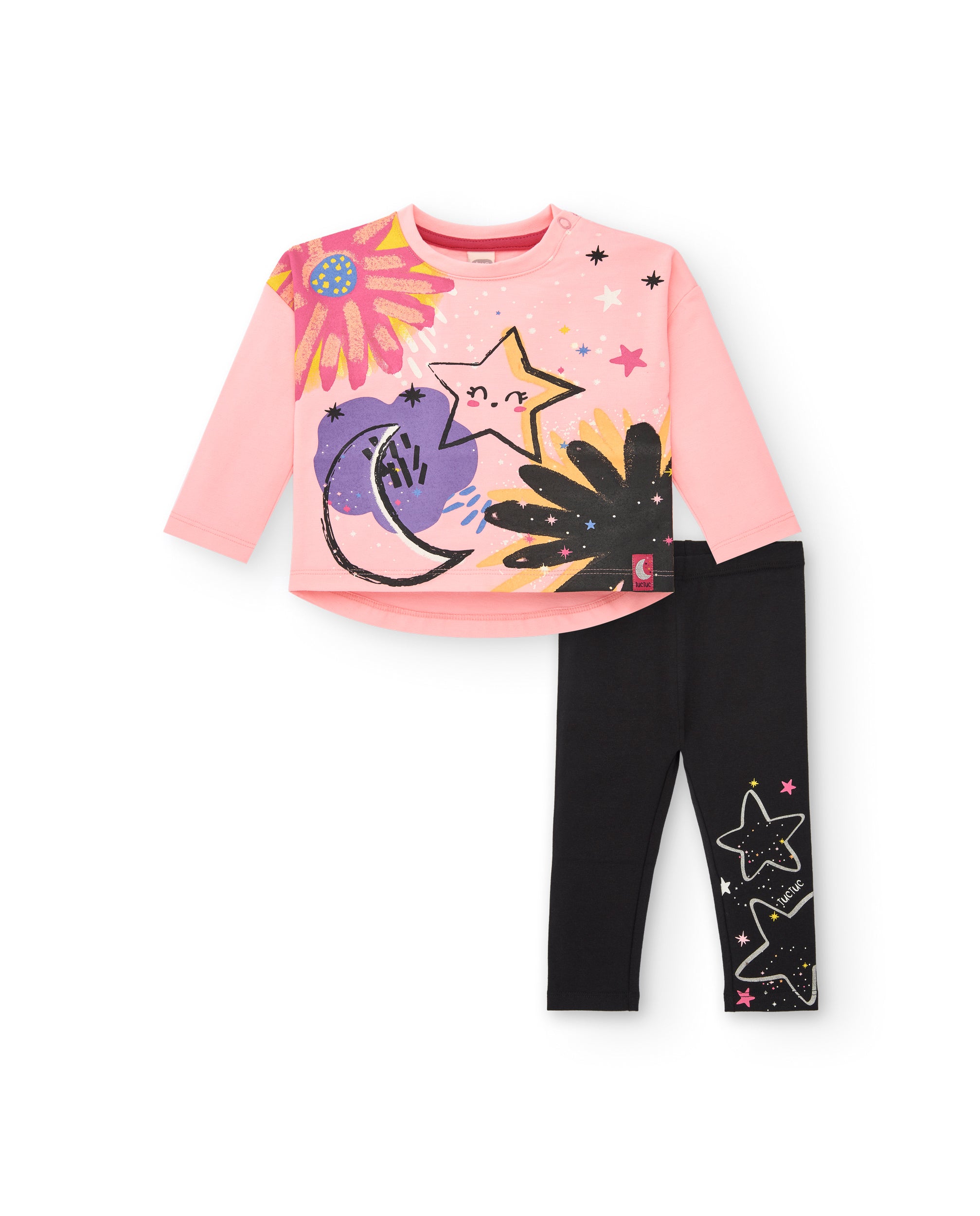 Set de camiseta y leggings de punto para niña en rosa y negro