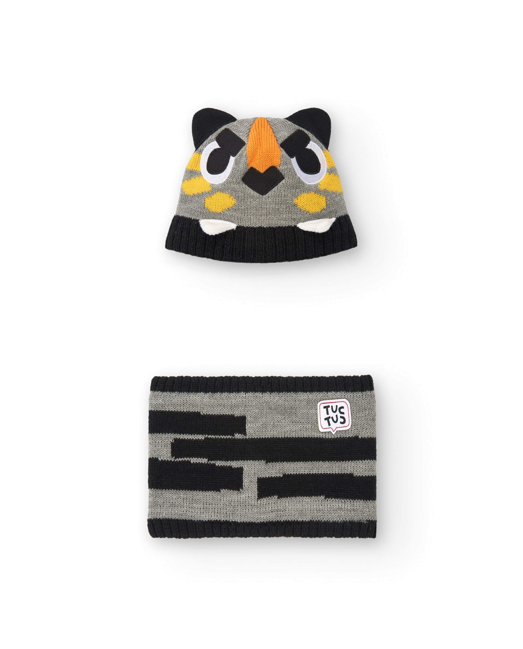 Conjunto de gorro y bufanda niño en gris con diseño de tigre