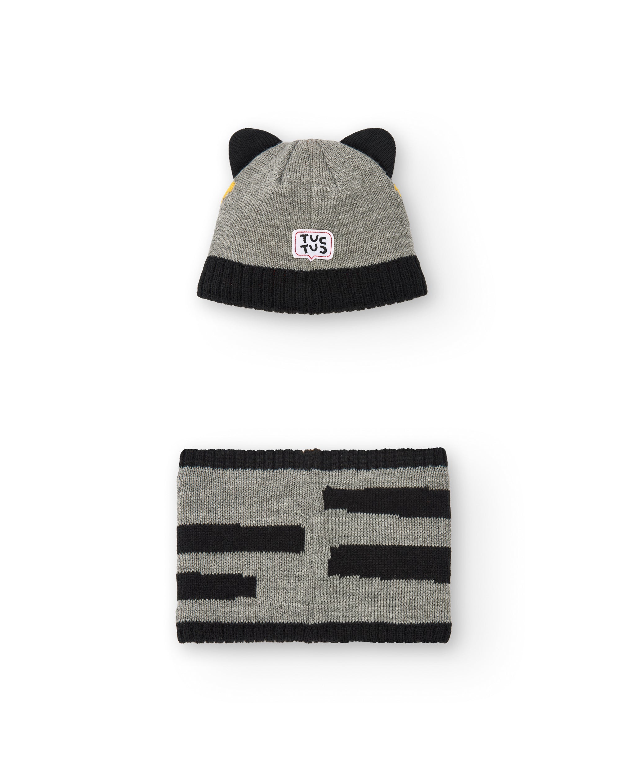 Conjunto de gorro y bufanda niño en gris con diseño de tigre