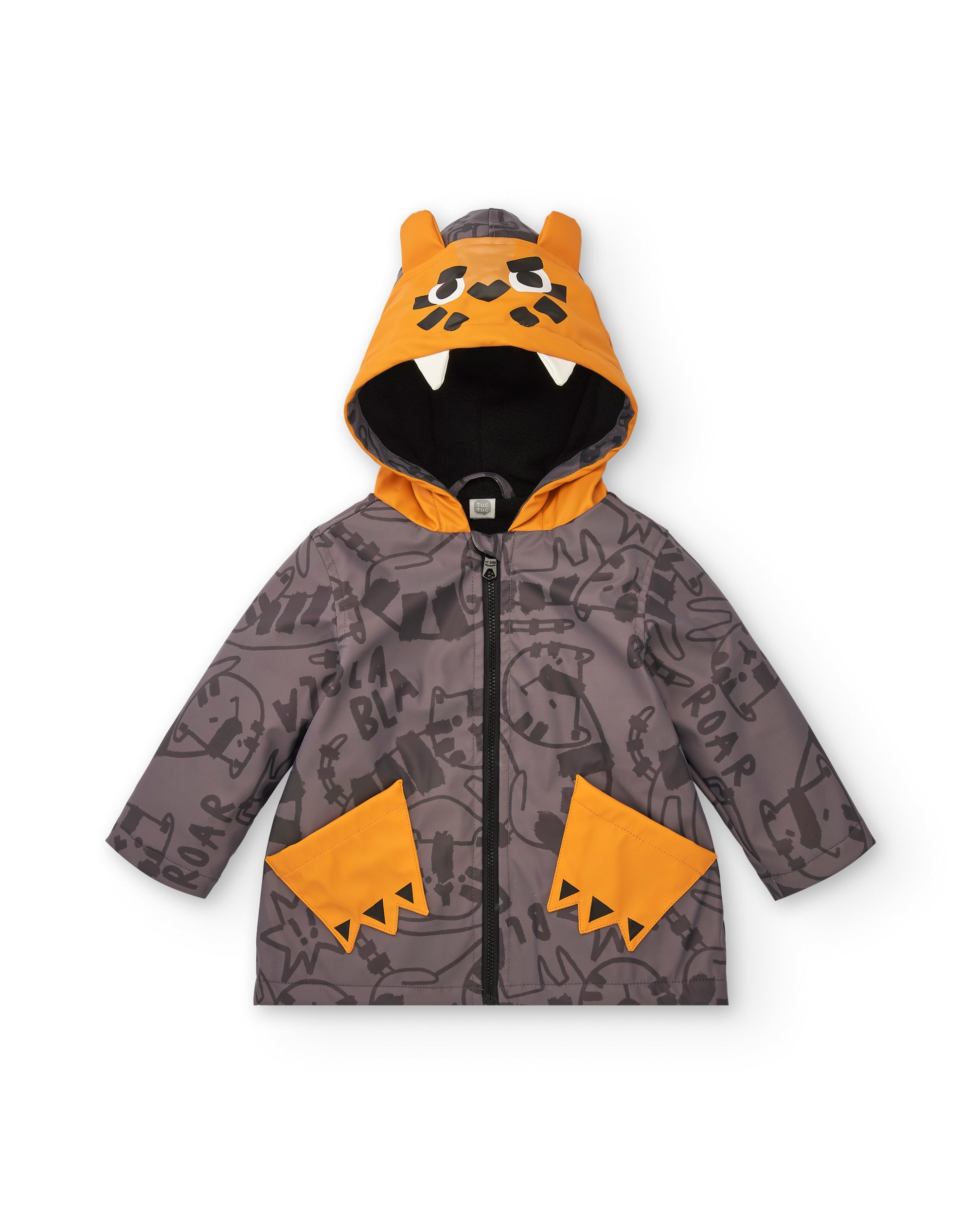 Chaqueta impermeable niño en gris con capucha de tigre