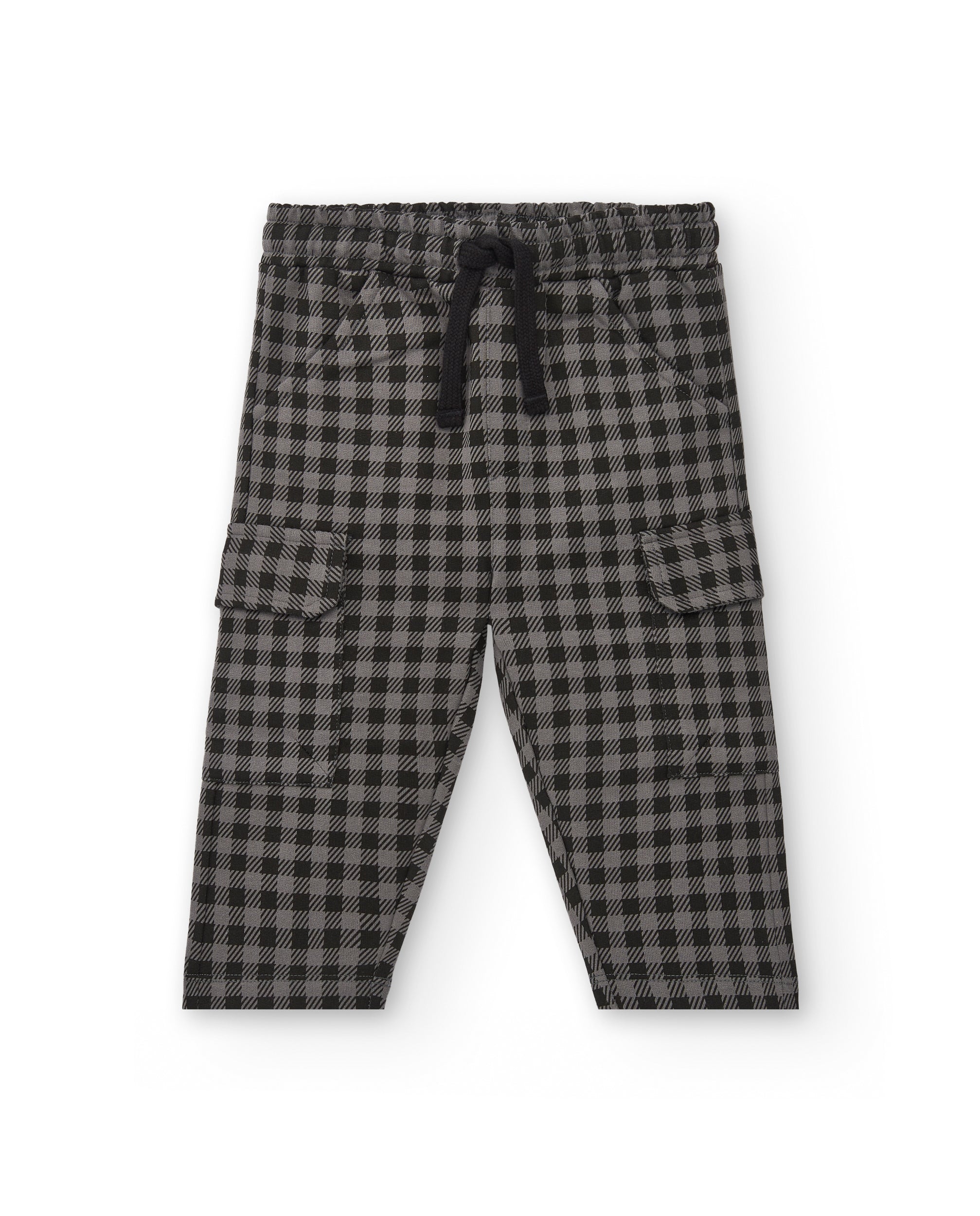 Pantalón felpa niño en negro con estampado de cuadros colección