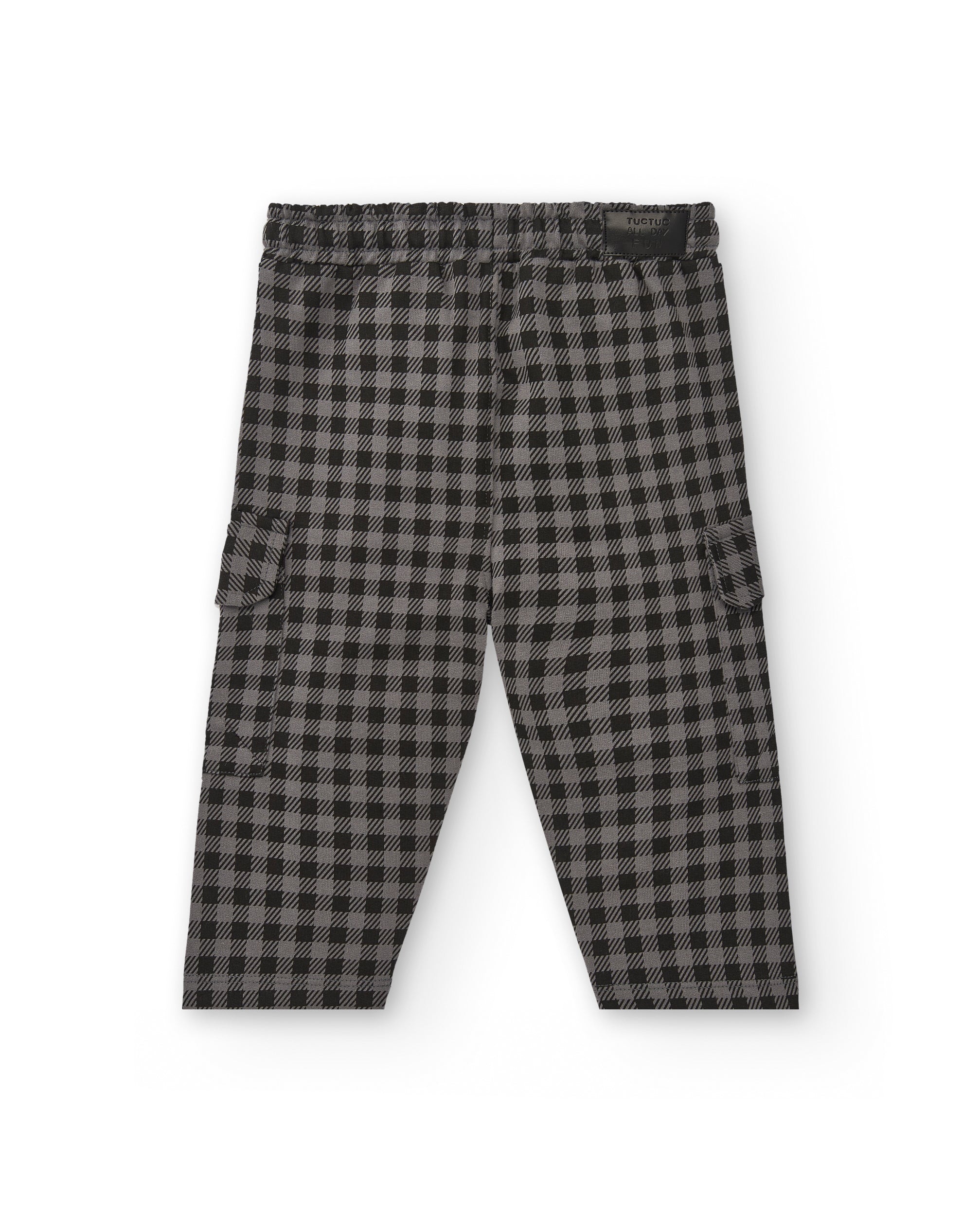 Pantalón felpa niño en negro con estampado de cuadros colección