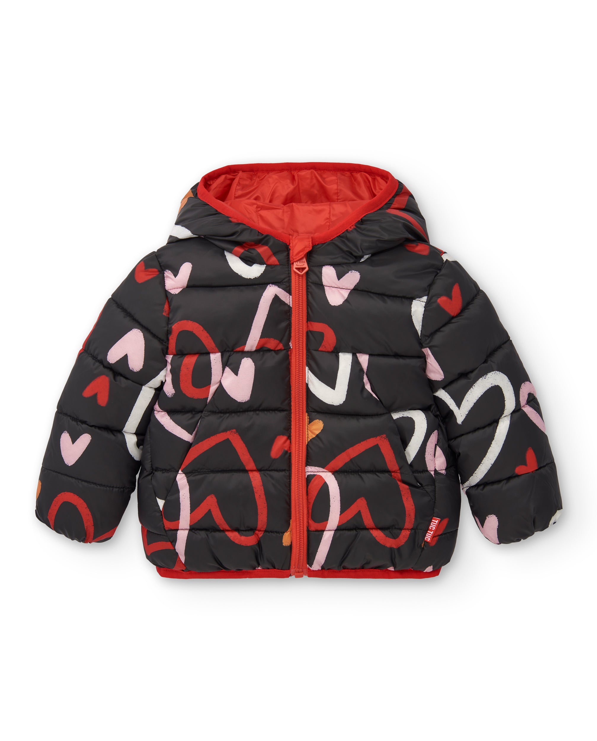 Parka de niña en negro con estampado de corazones colección