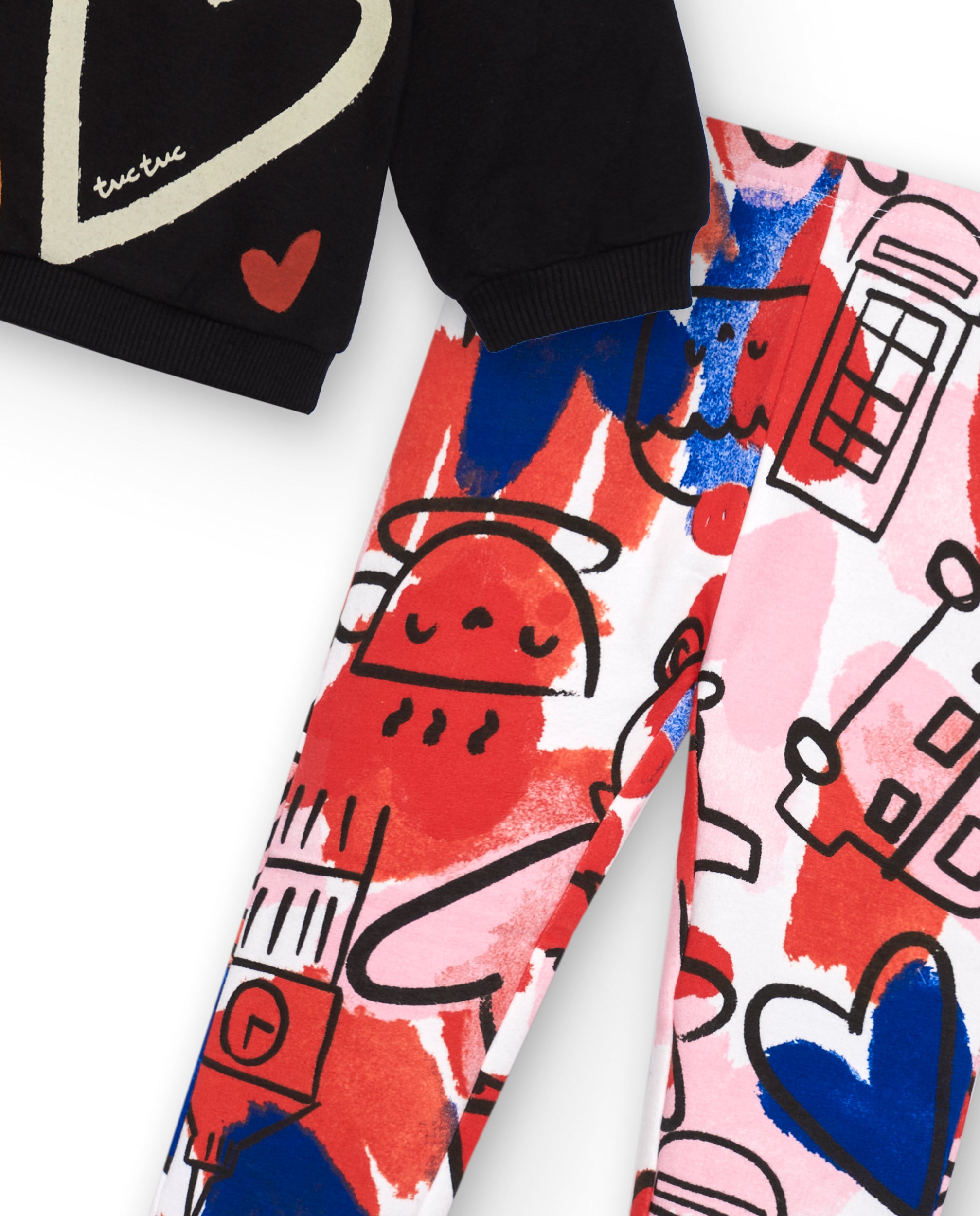 Conjunto sudadera y leggings niña en negro y rosa con corazones