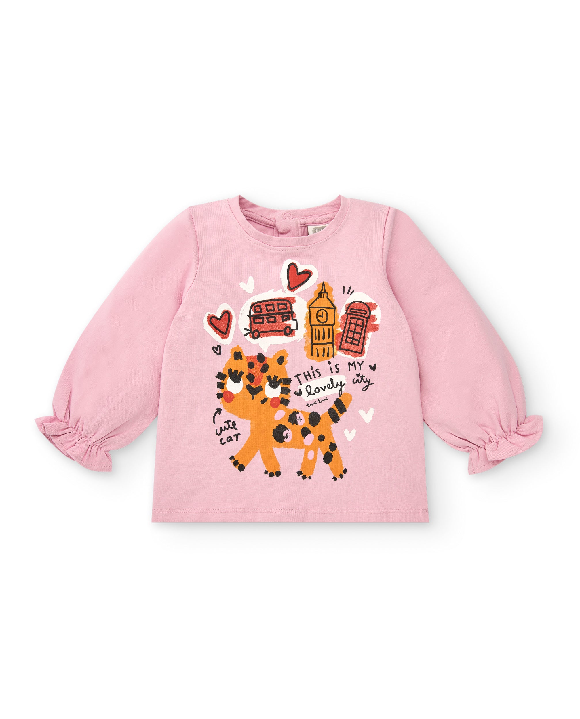 Camiseta rosa con estampado de ciudad y gatito para niña de la