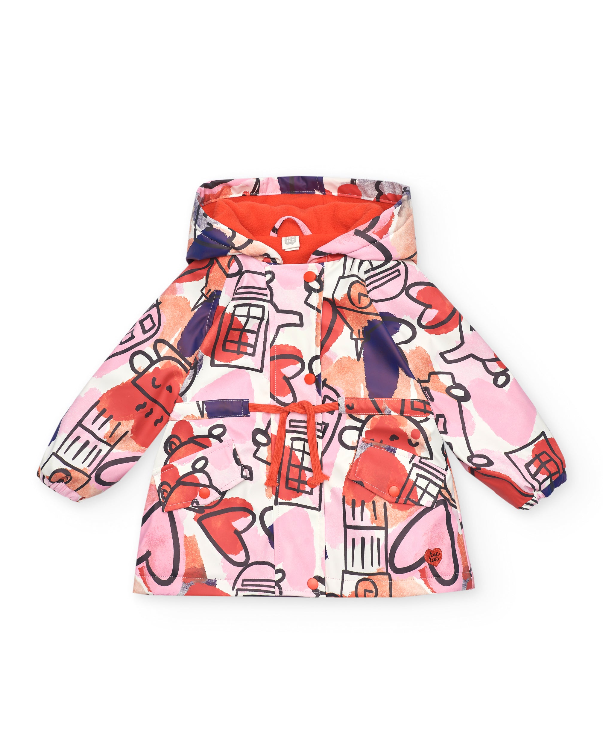 Chaqueta impermeable con estampado de corazones y cabinas
