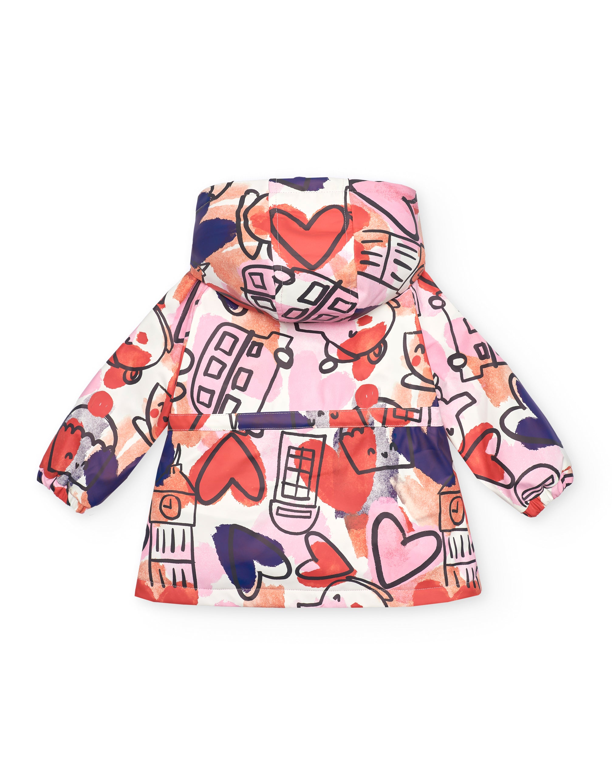 Chaqueta impermeable con estampado de corazones y cabinas