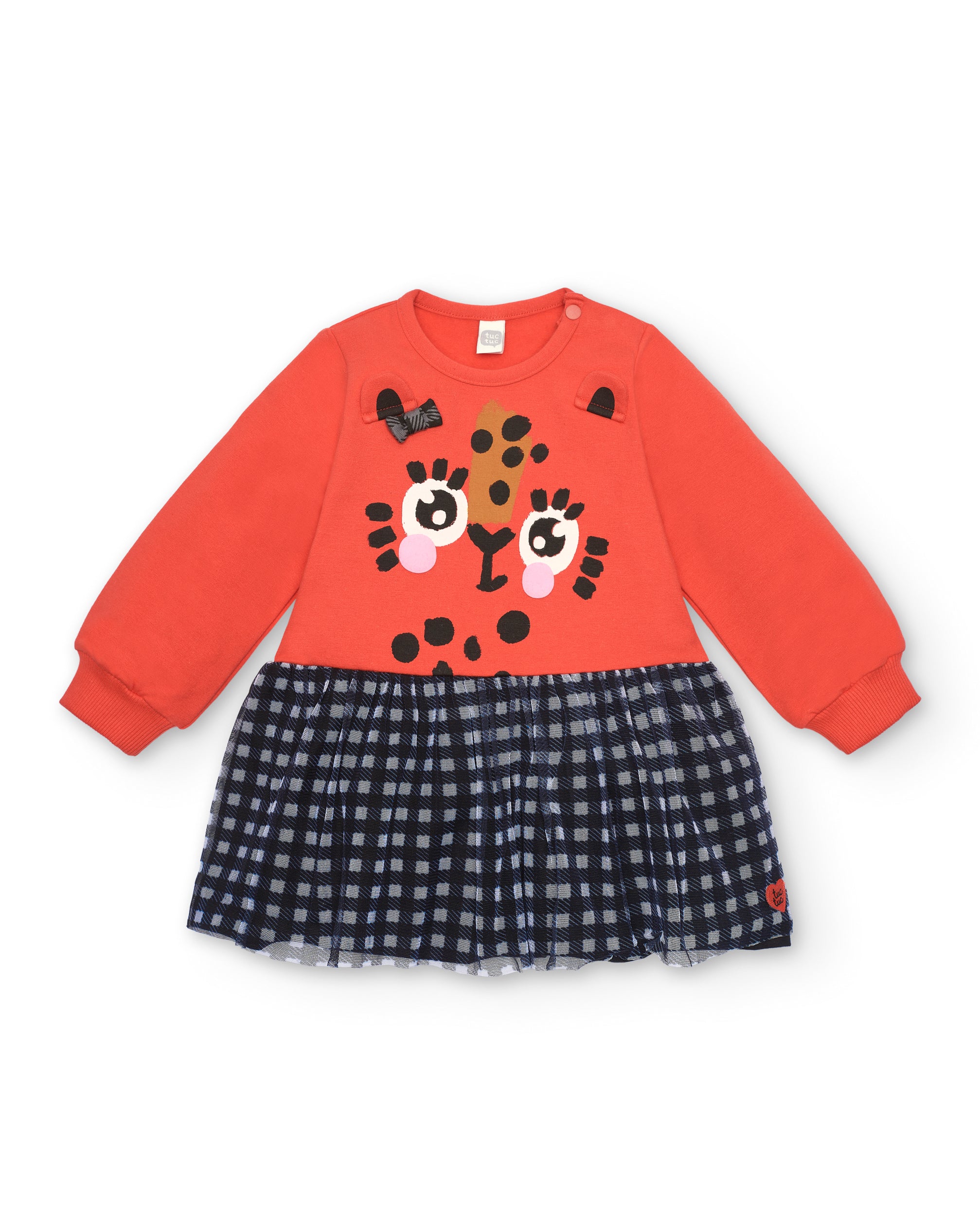 Vestido rojo con diseño de leopardo y falda de cuadros para