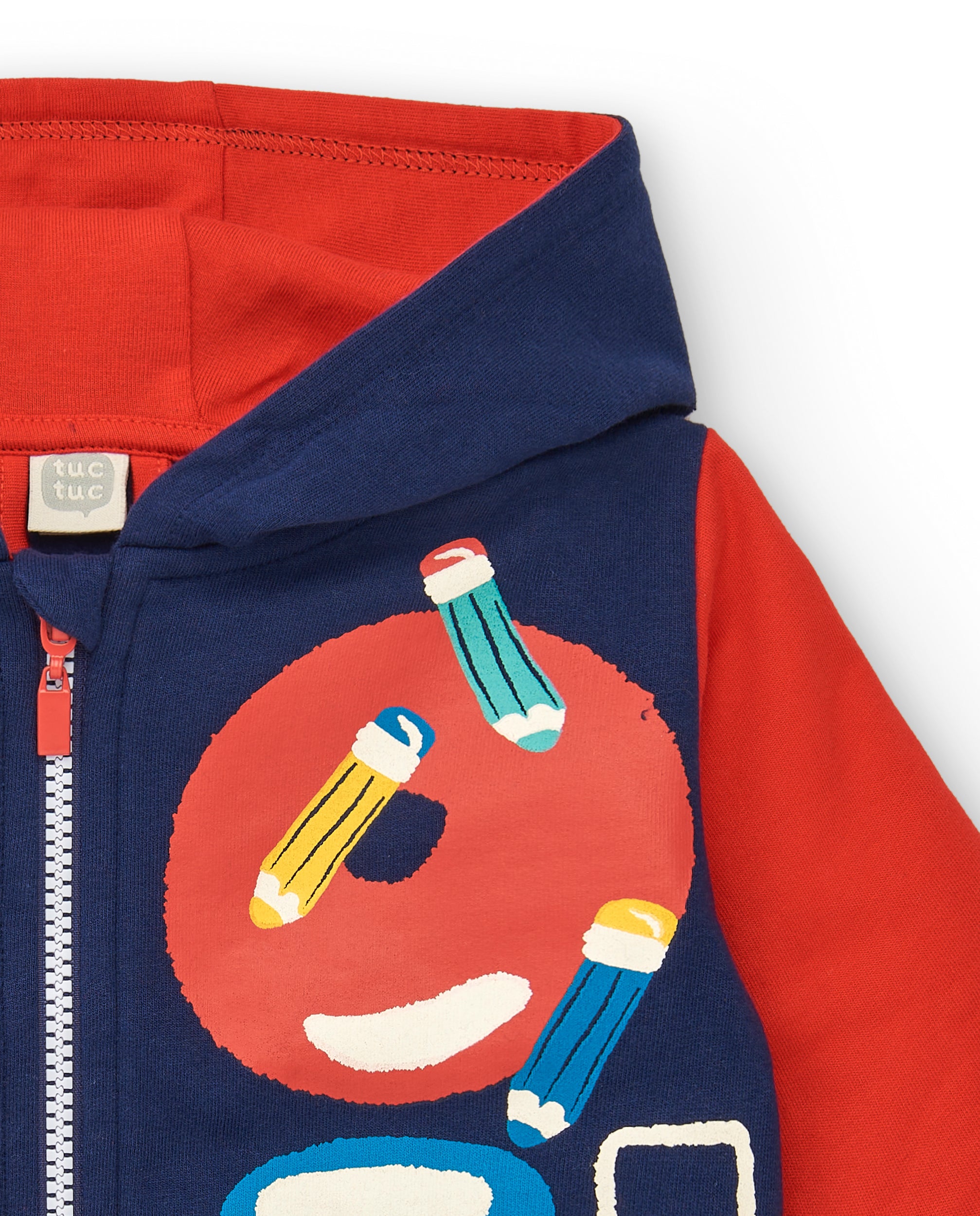 Sudadera con capucha niño en azul y rojo con estampado