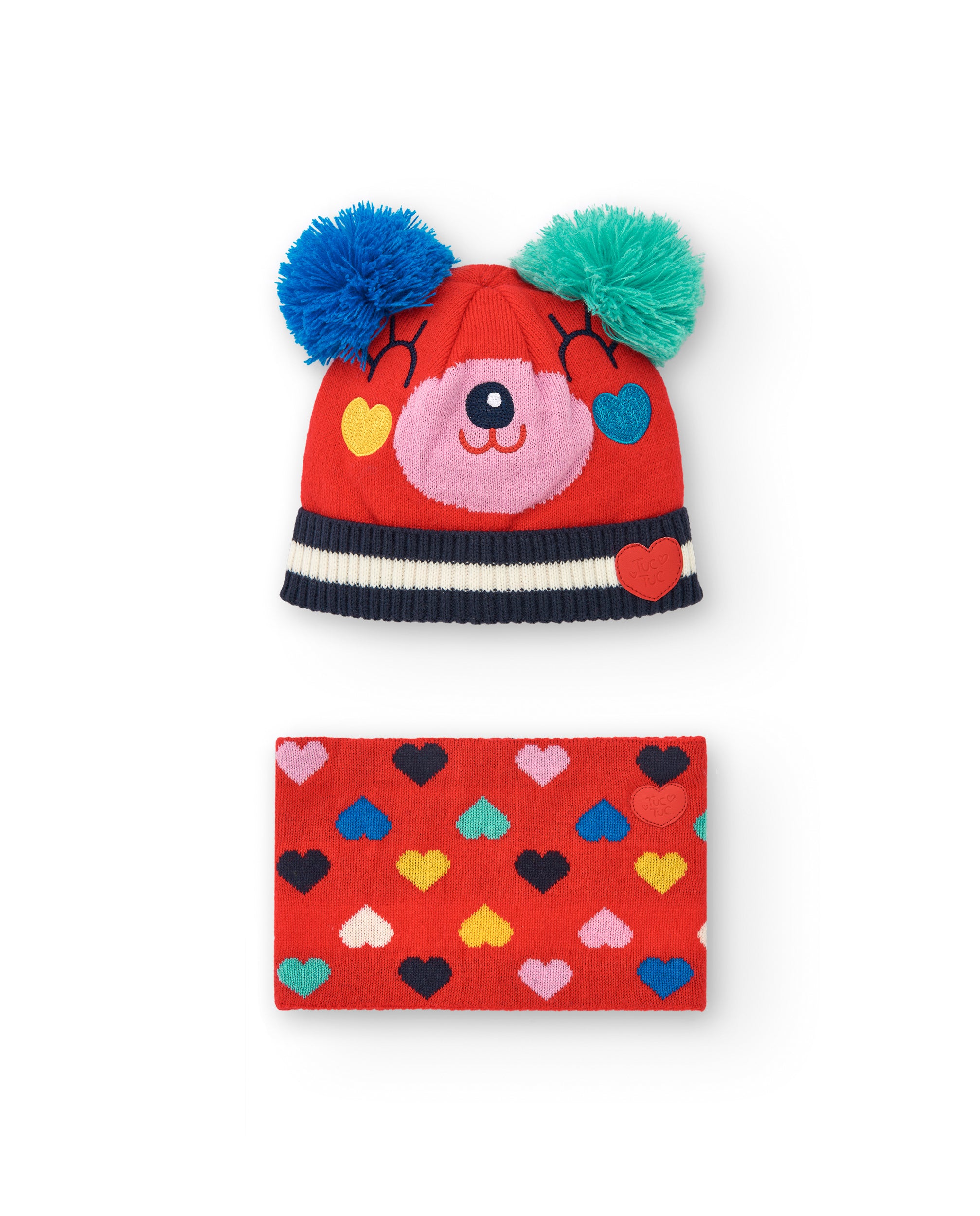 Conjunto gorro y bufanda niña en rojo con diseño de corazones