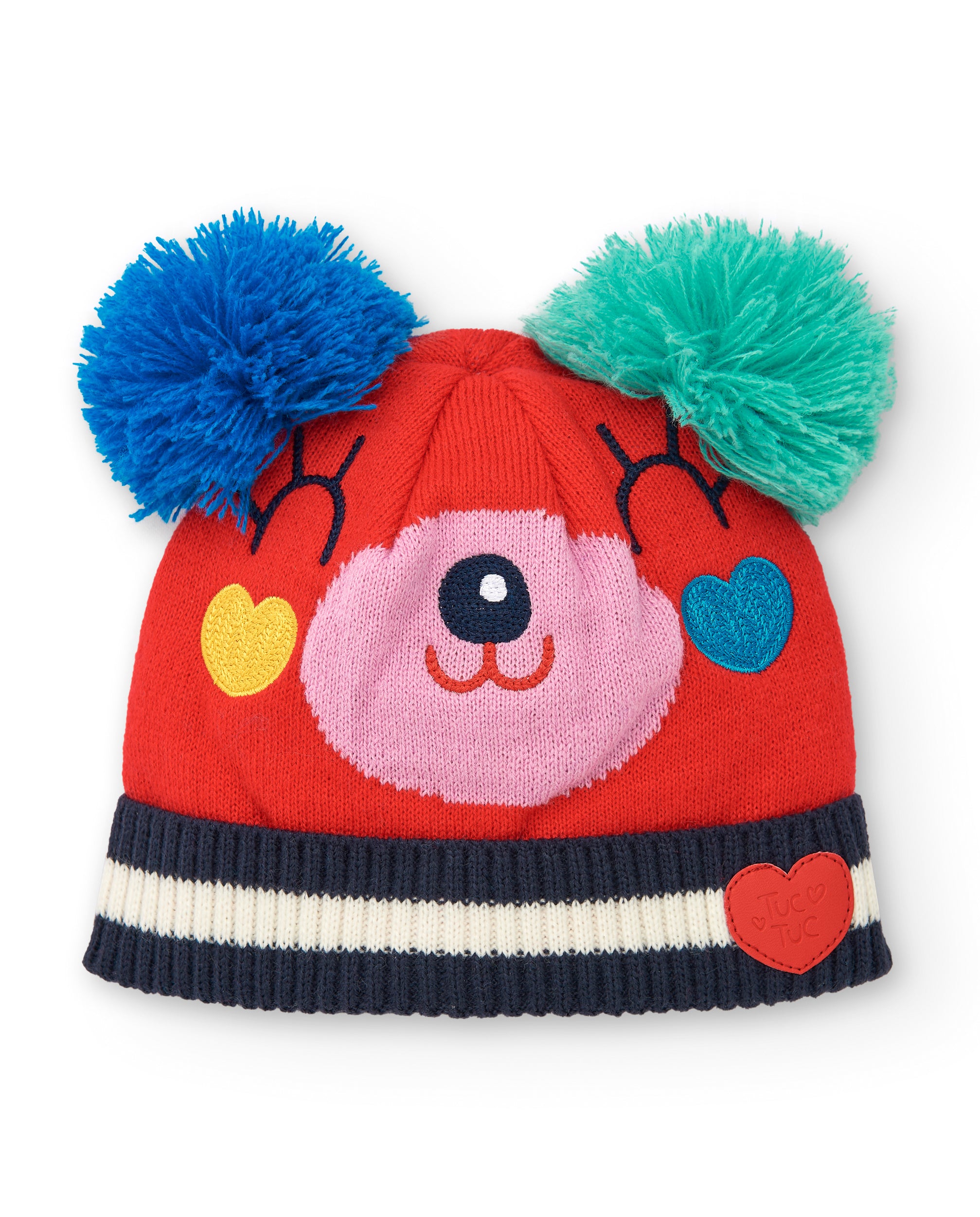 Gorro niña en rojo con pompones y diseño de corazones colección