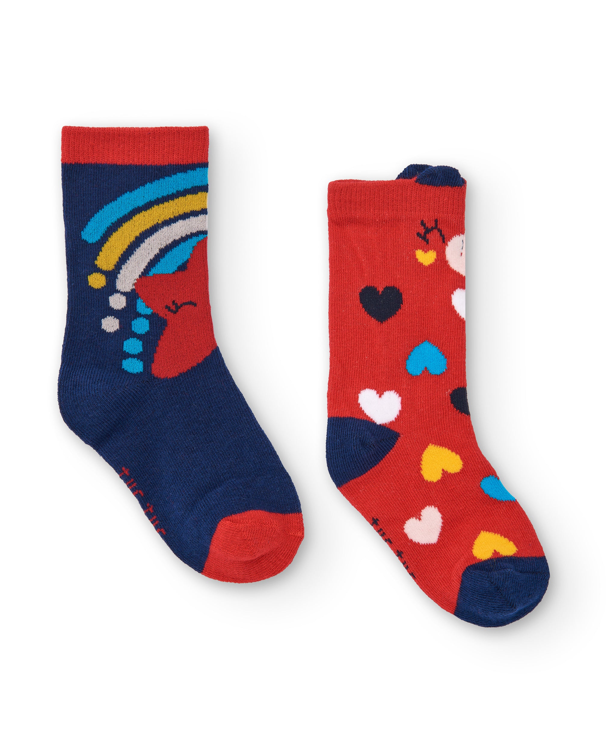 Calcetines niña en azul y rojo con diseño de corazones y