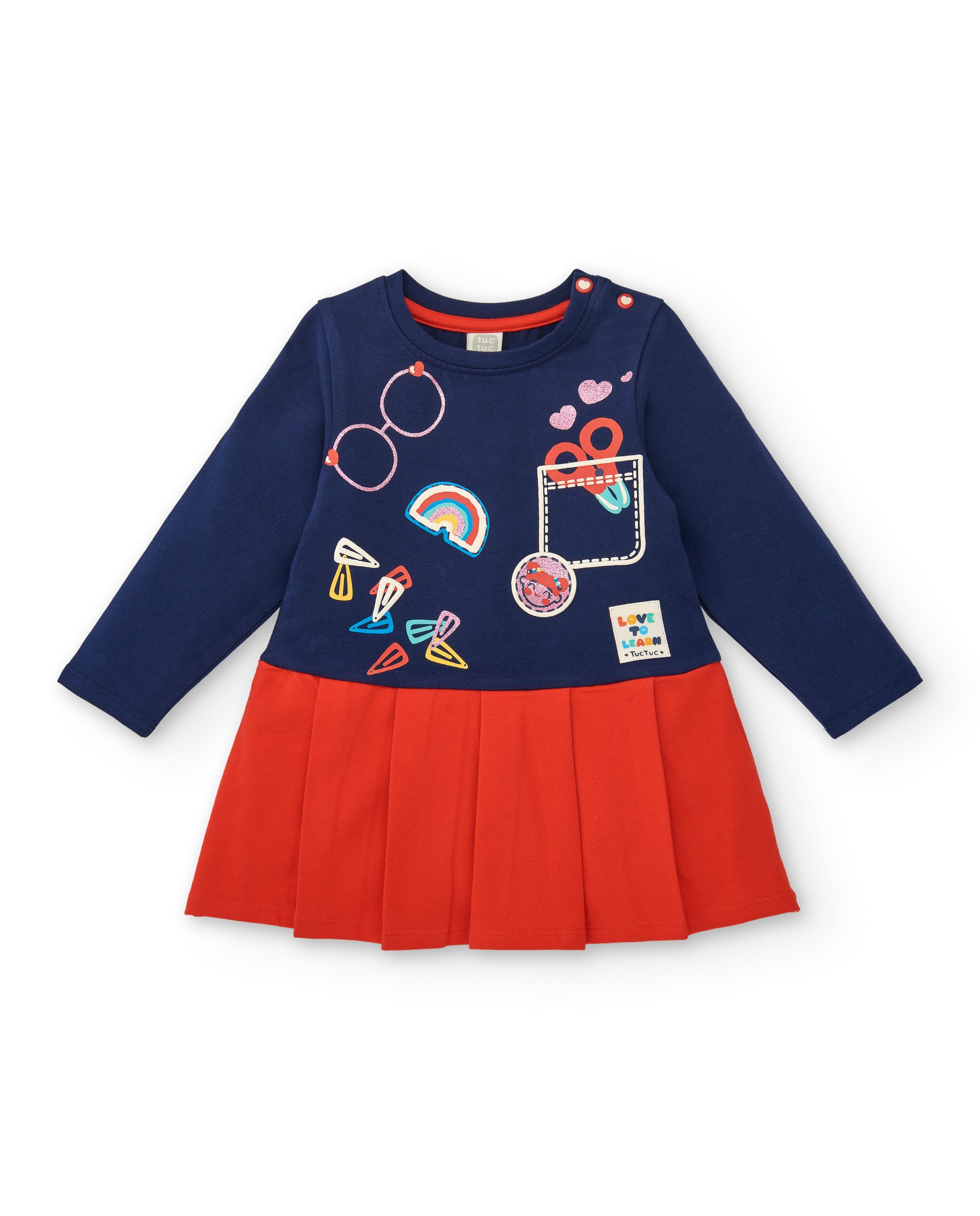 Vestido niña en azul y rojo con estampado escolar colección Big