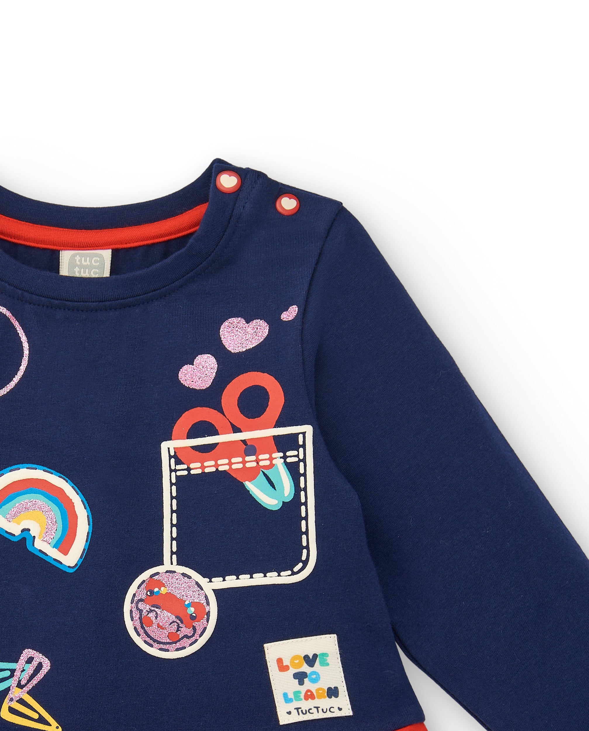 Vestido niña en azul y rojo con estampado escolar colección Big