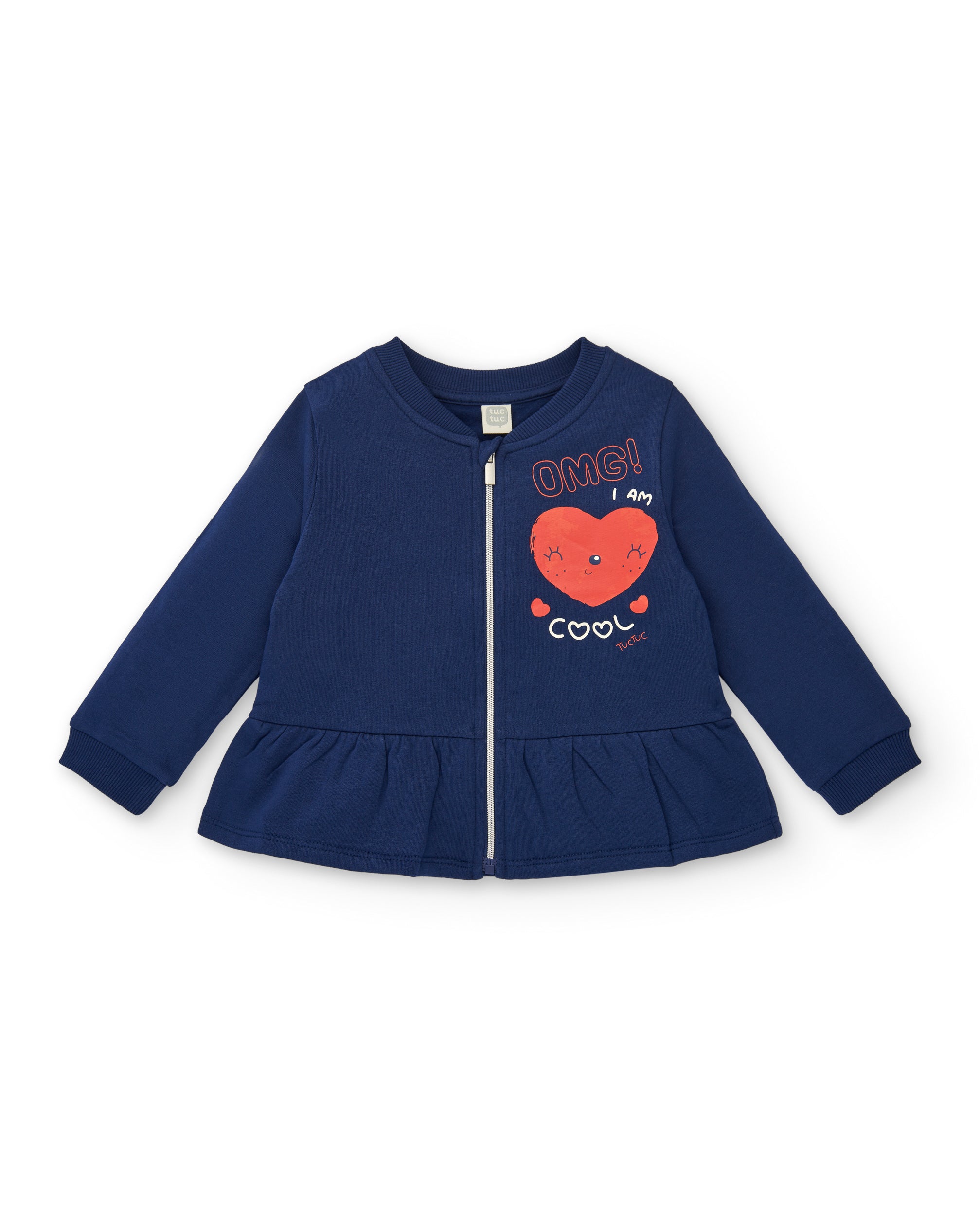 Chaqueta niña en azul marino con volante y estampado "OMG! I am