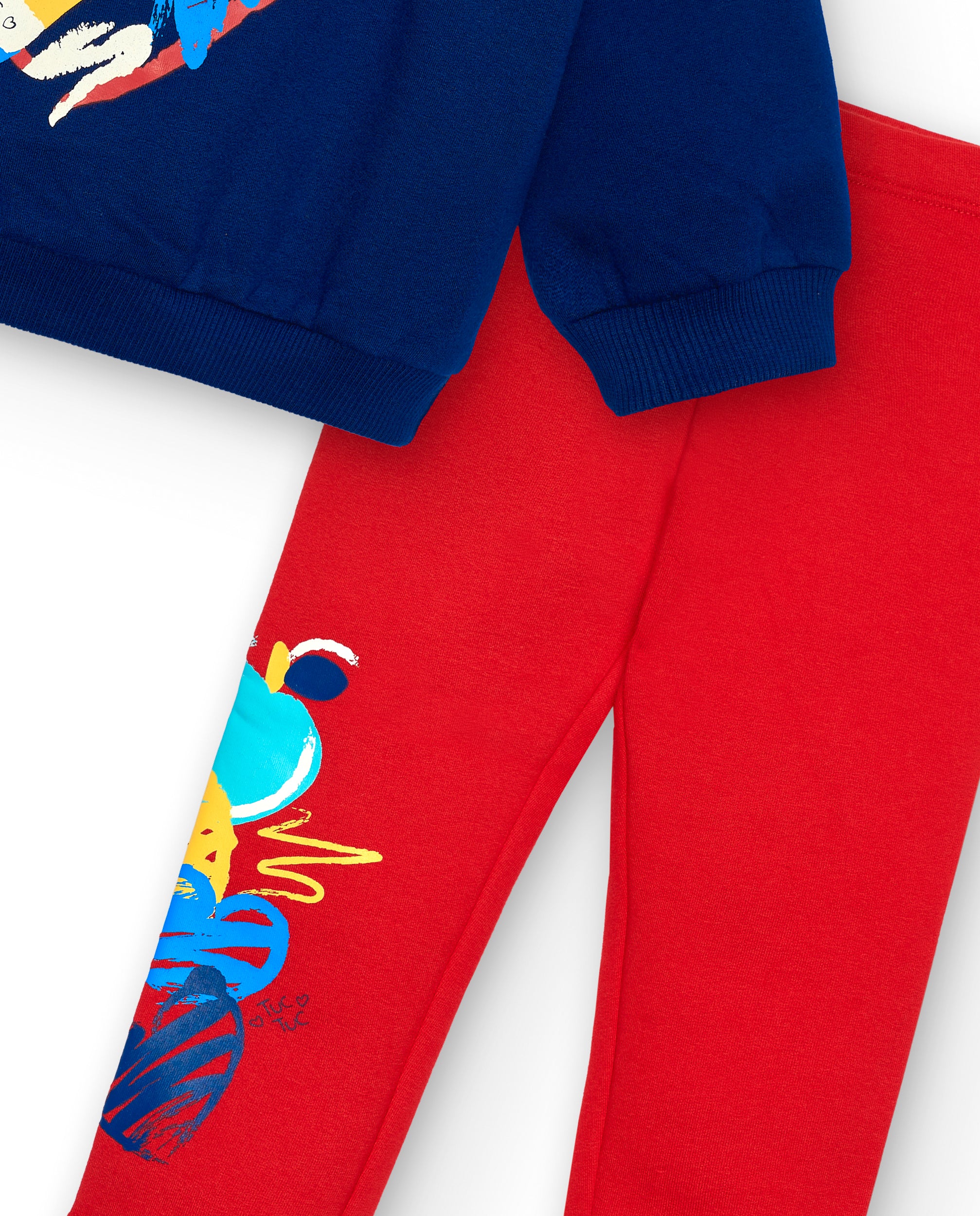 Conjunto sudadera y leggings niña en azul y rojo con estampado