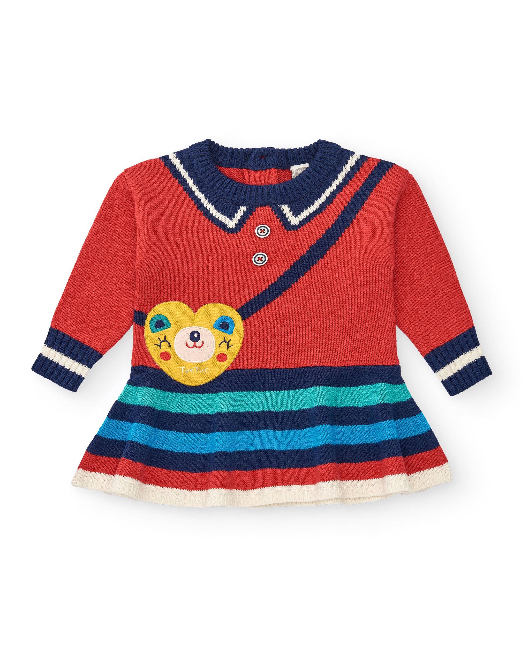 Vestido tricot para niña en rojo con detalle de rayas colección
