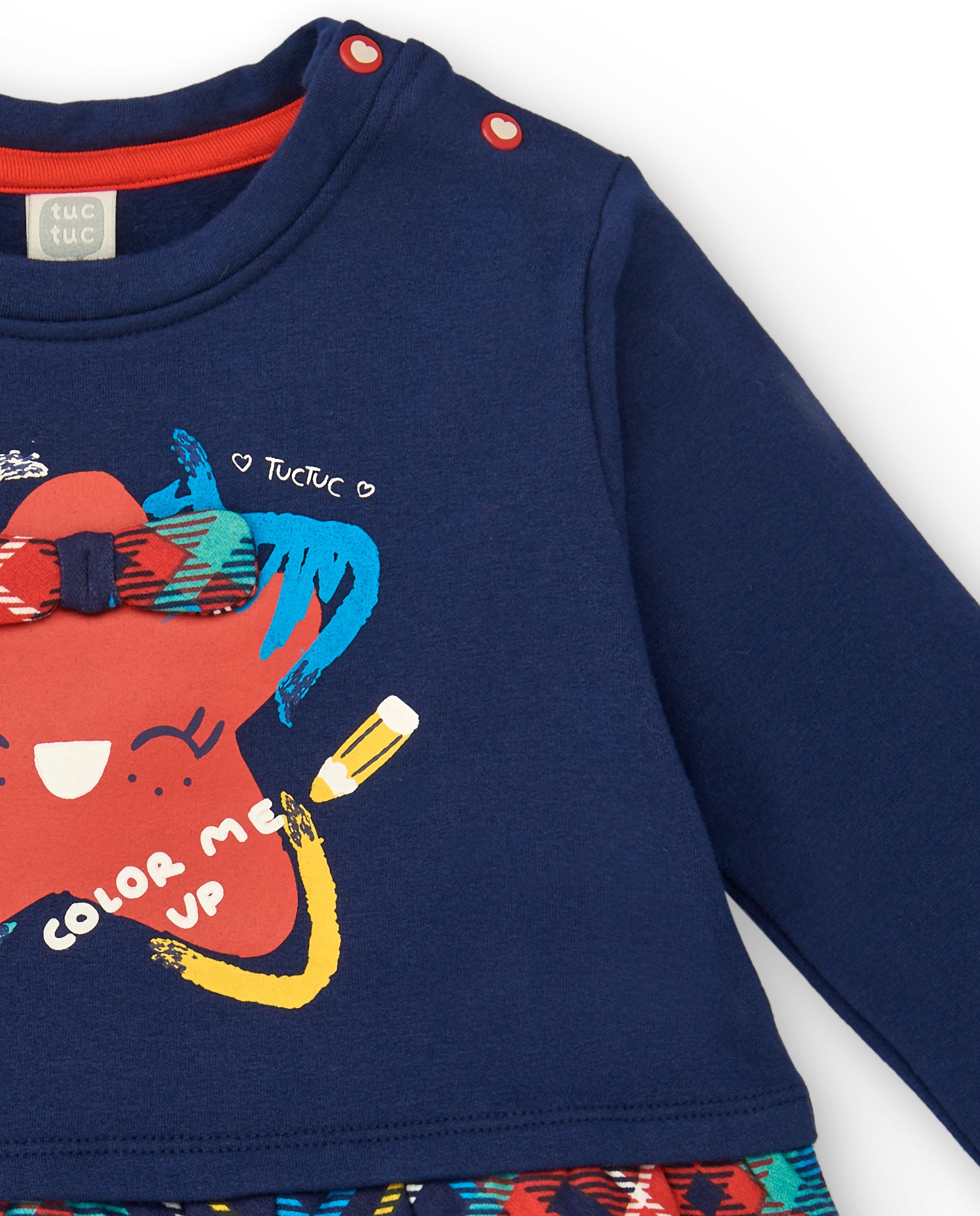 Vestido de felpa para niña en azul marino con estampado y falda