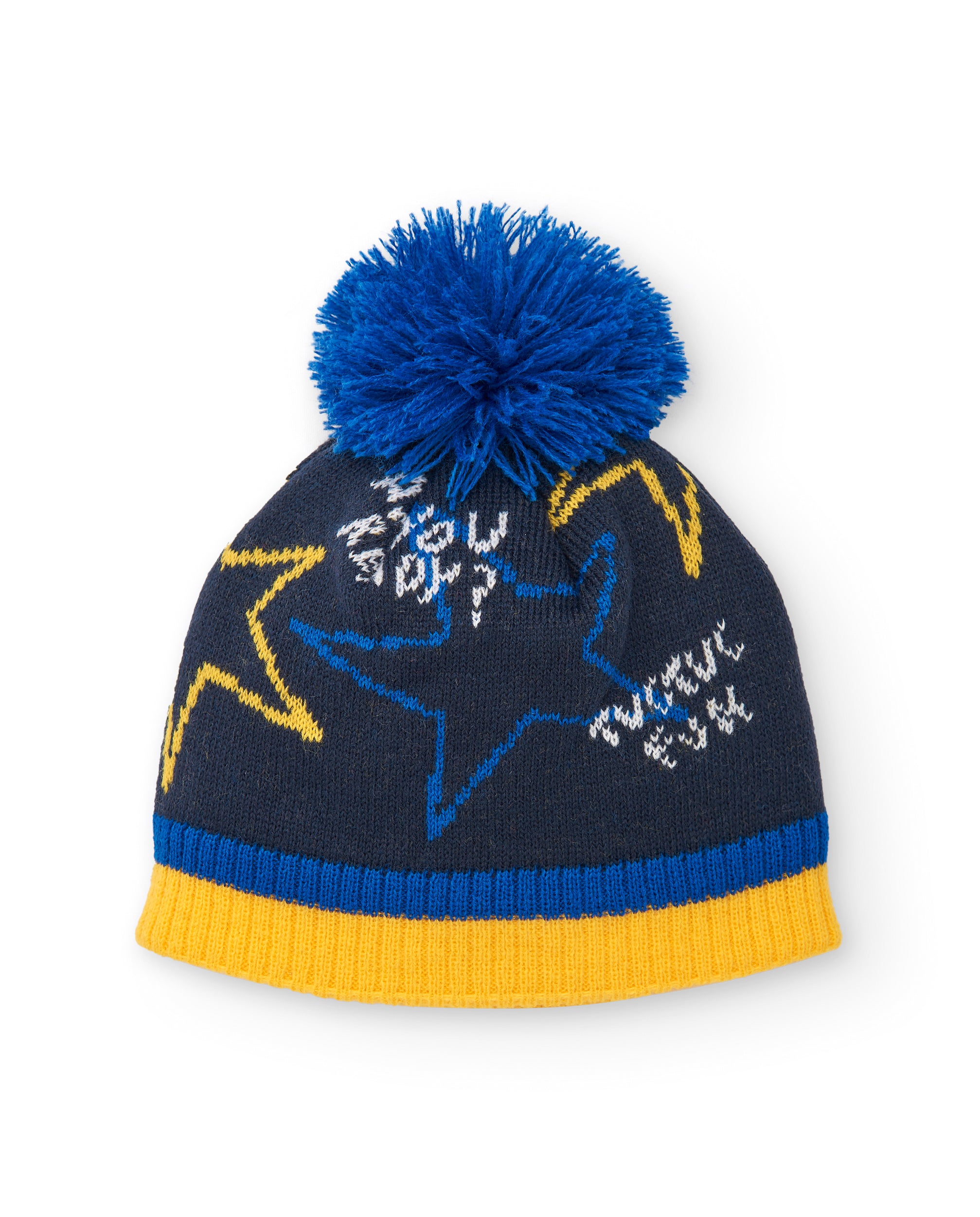 Gorro tricot niño en azul marino con estrellas y pompón