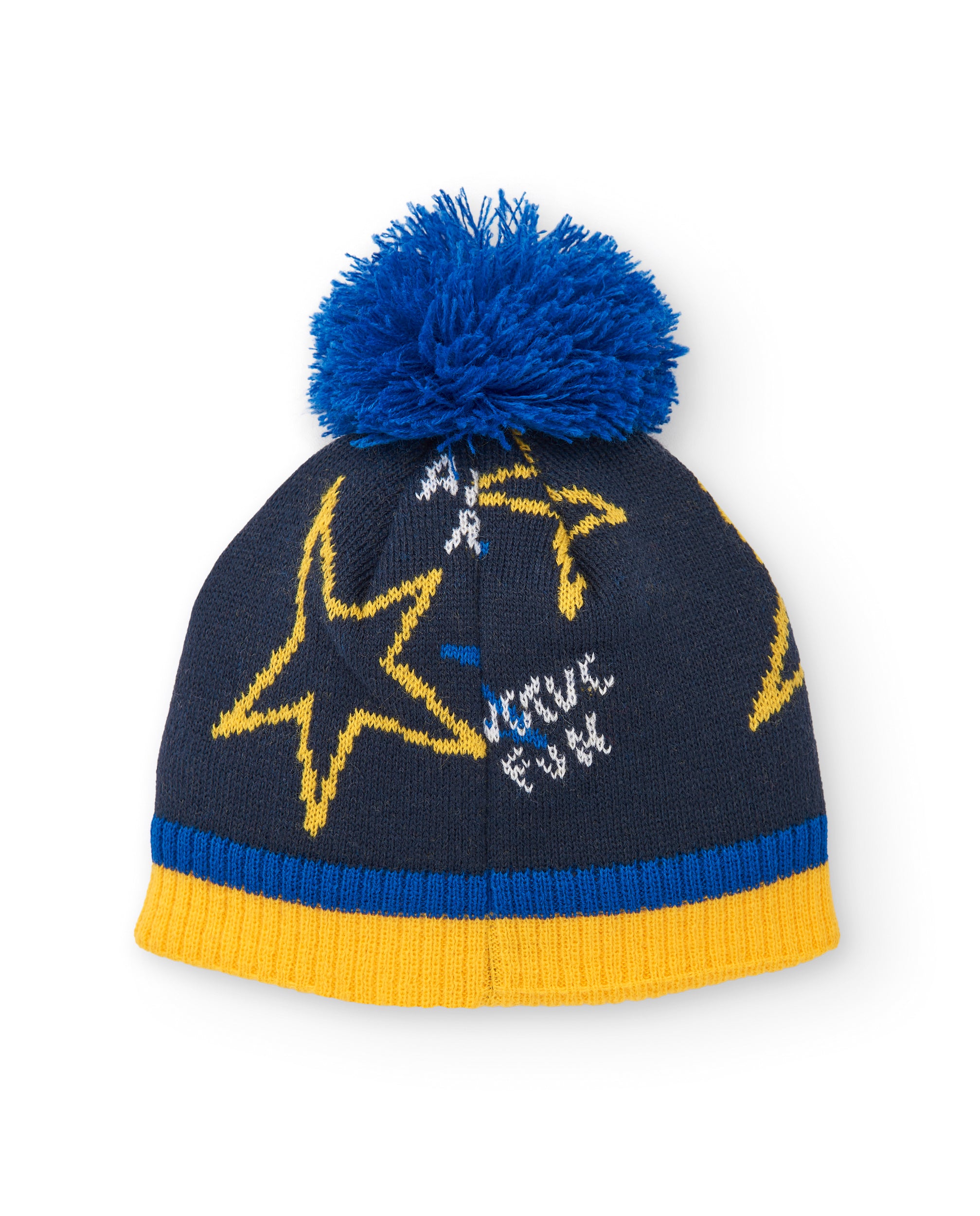 Gorro tricot niño en azul marino con estrellas y pompón