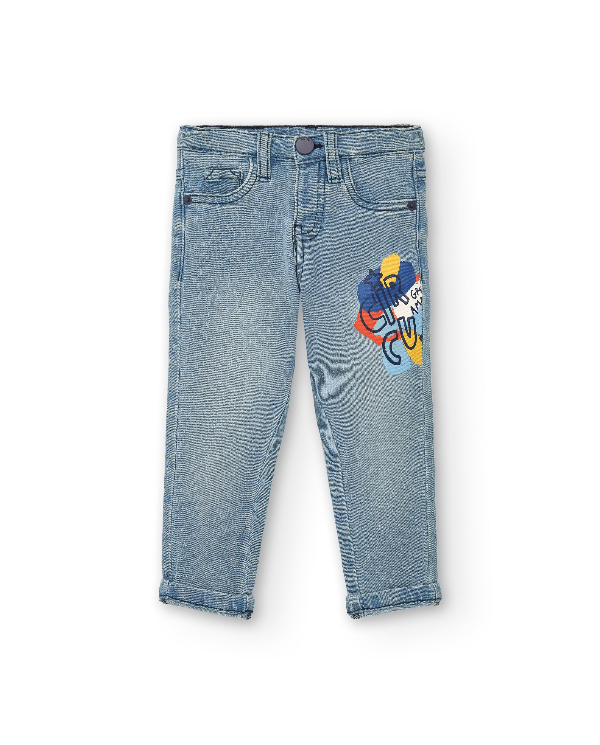 Pantalón denim niño en azul claro con estampado gráfico
