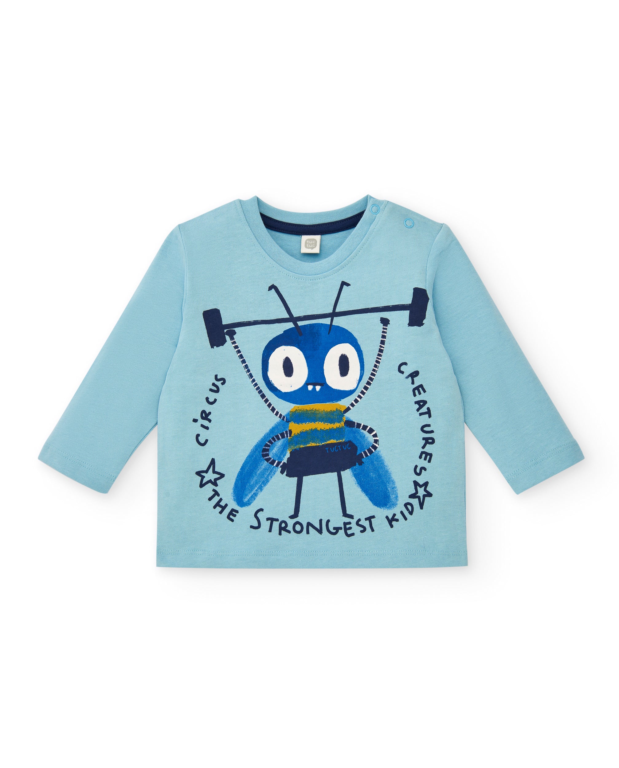 Camiseta punto niño en azul con estampado de criatura y manga
