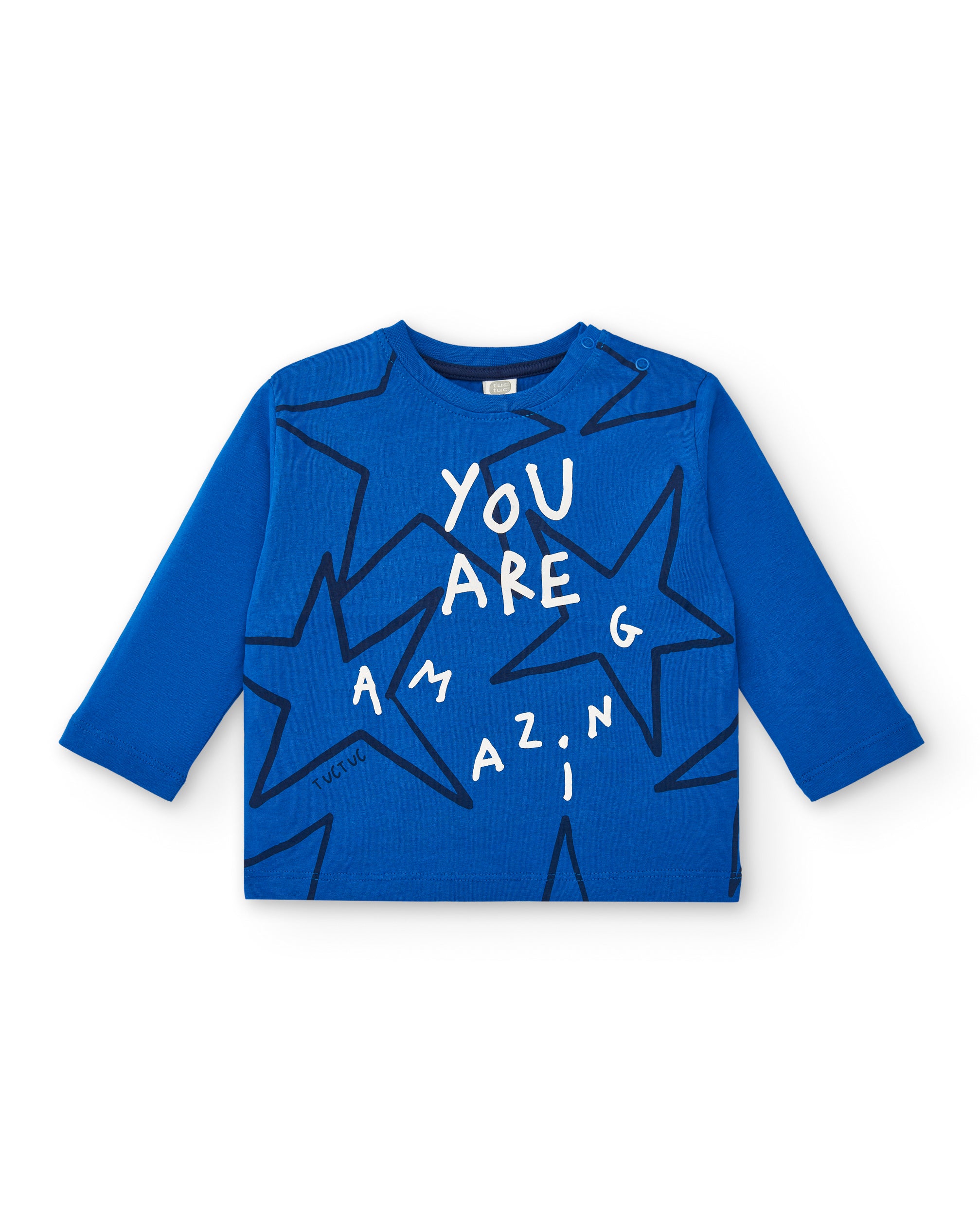 Camiseta punto niño en azul con estampado de estrellas y