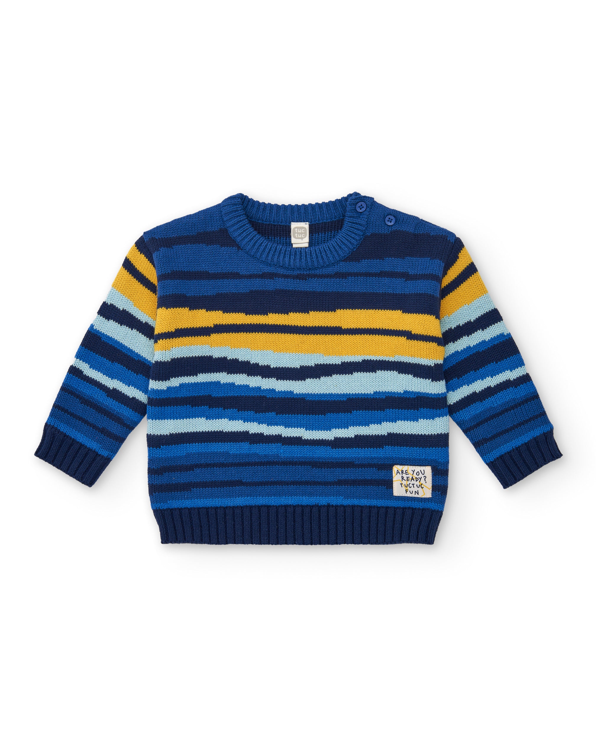 Jersey tricot niño en azul con rayas multicolor colección