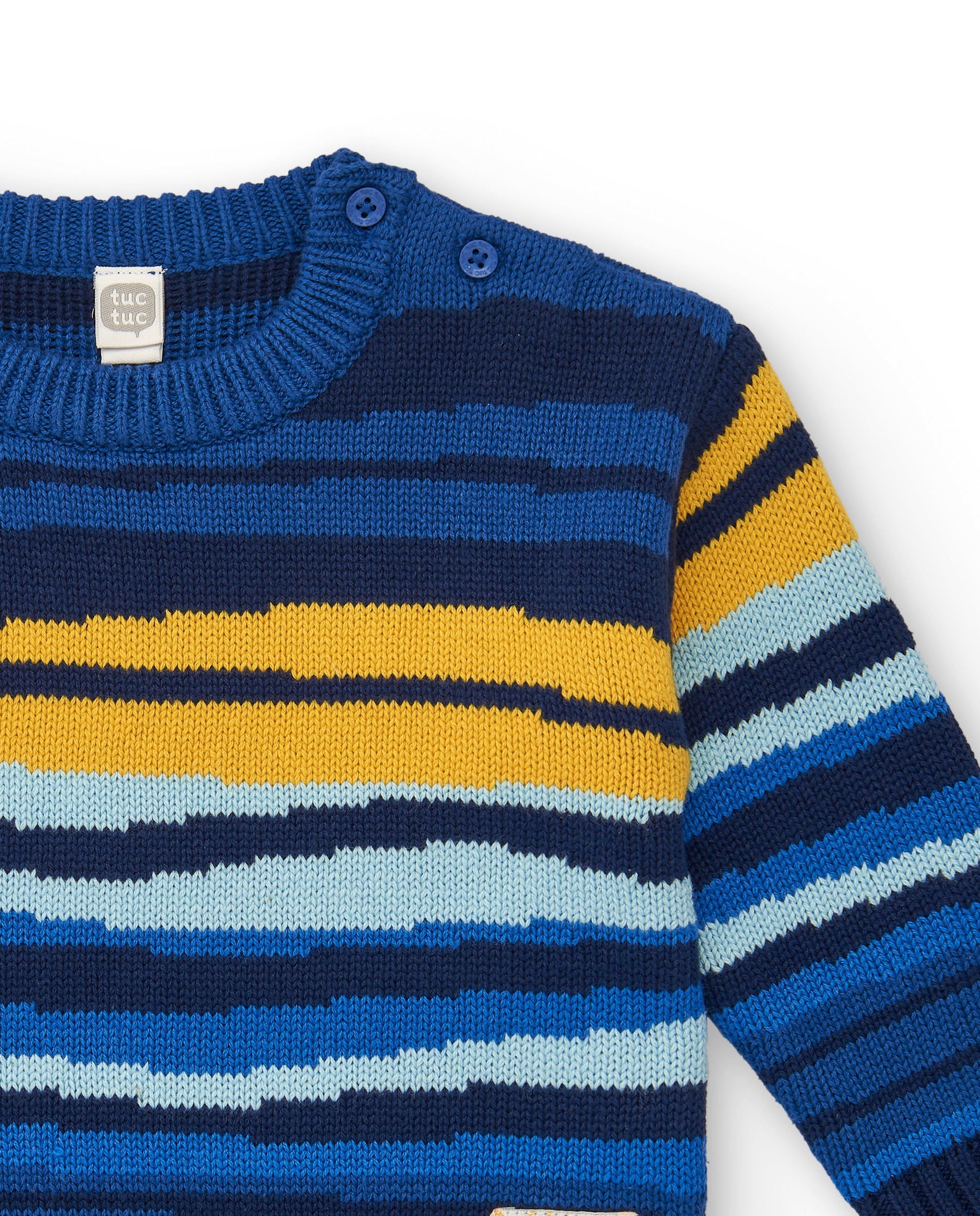 Jersey tricot niño en azul con rayas multicolor colección