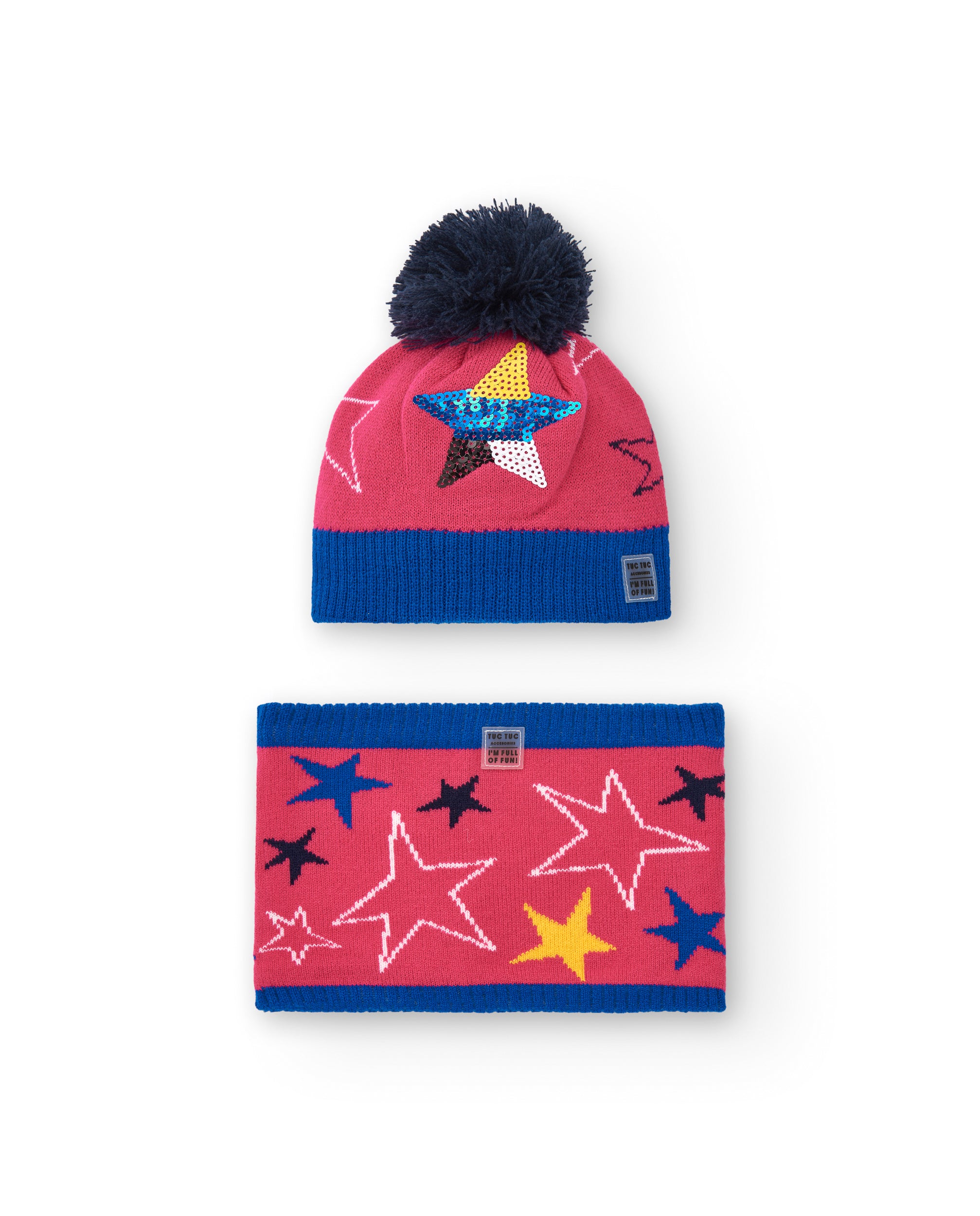 Conjunto gorro y bufanda niña en rosa con estrellas y pompón