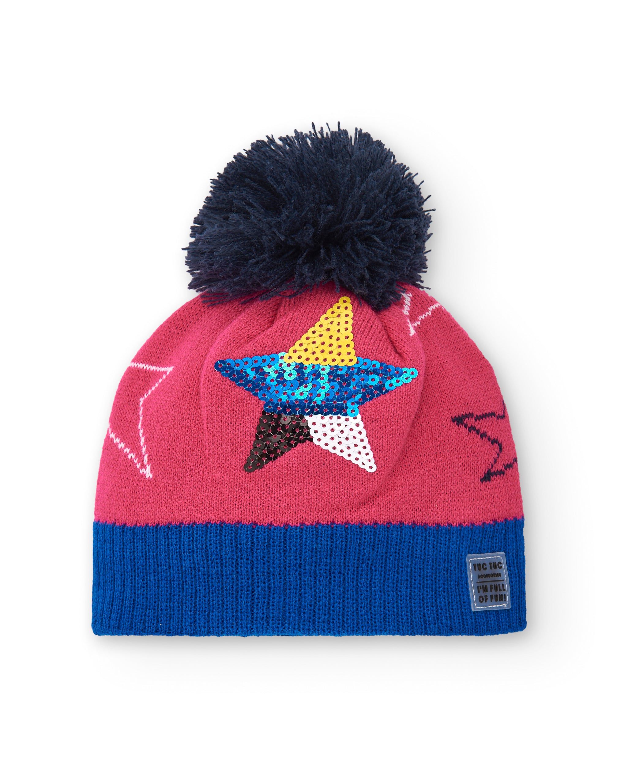 Gorro niña en rosa con estrella de lentejuelas y pompón