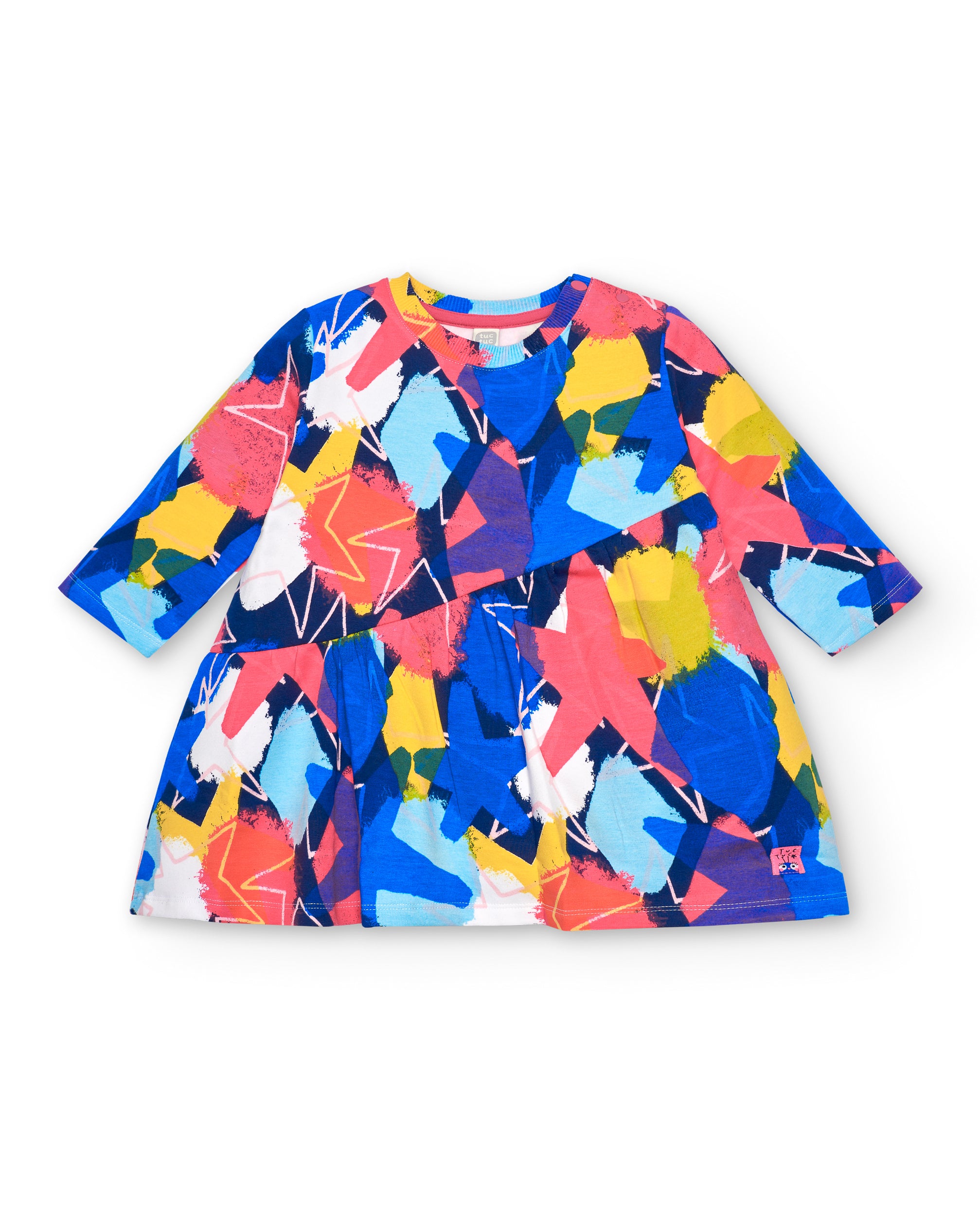 Vestido felpa niña en azul con estampado multicolor colección