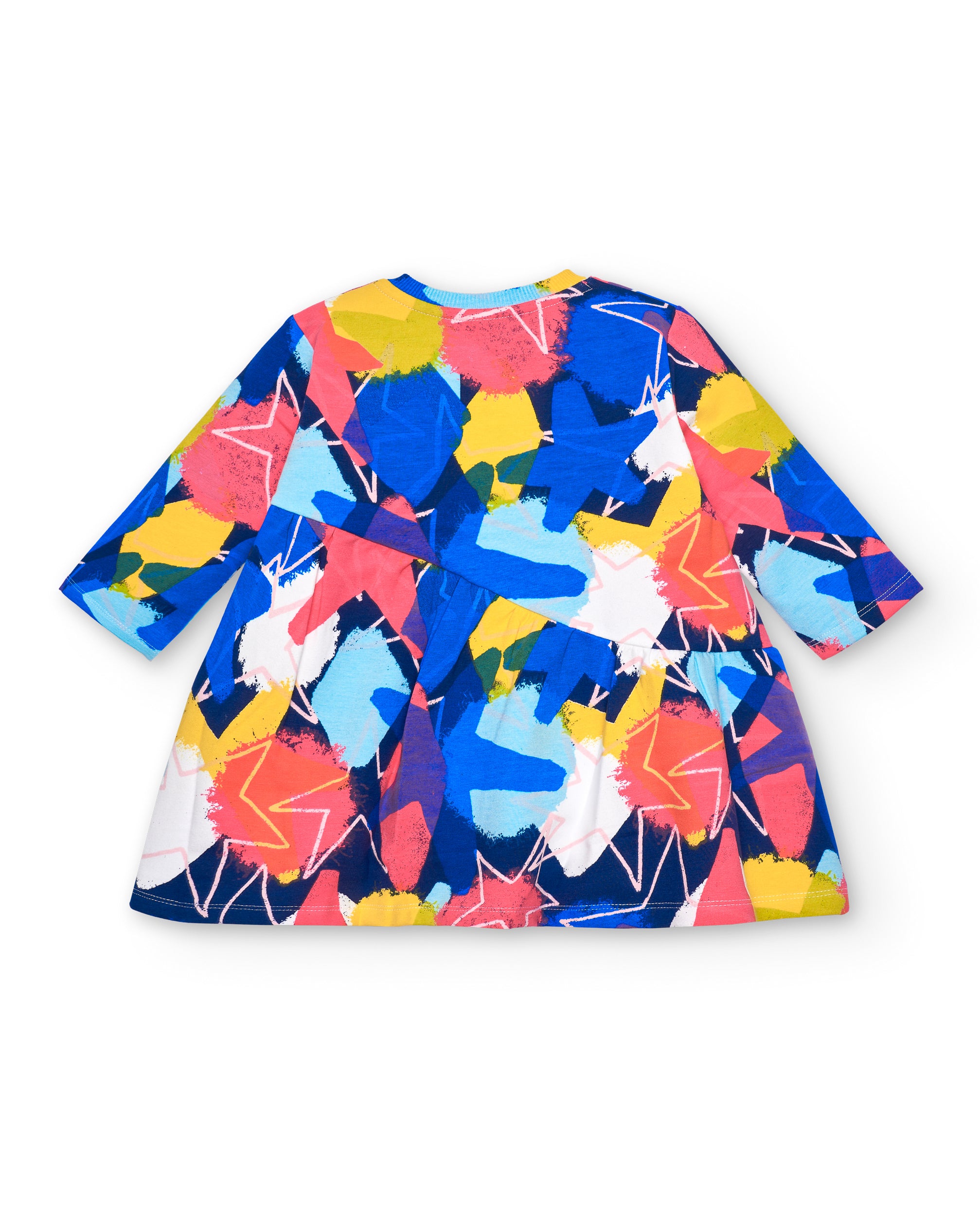 Vestido felpa niña en azul con estampado multicolor colección