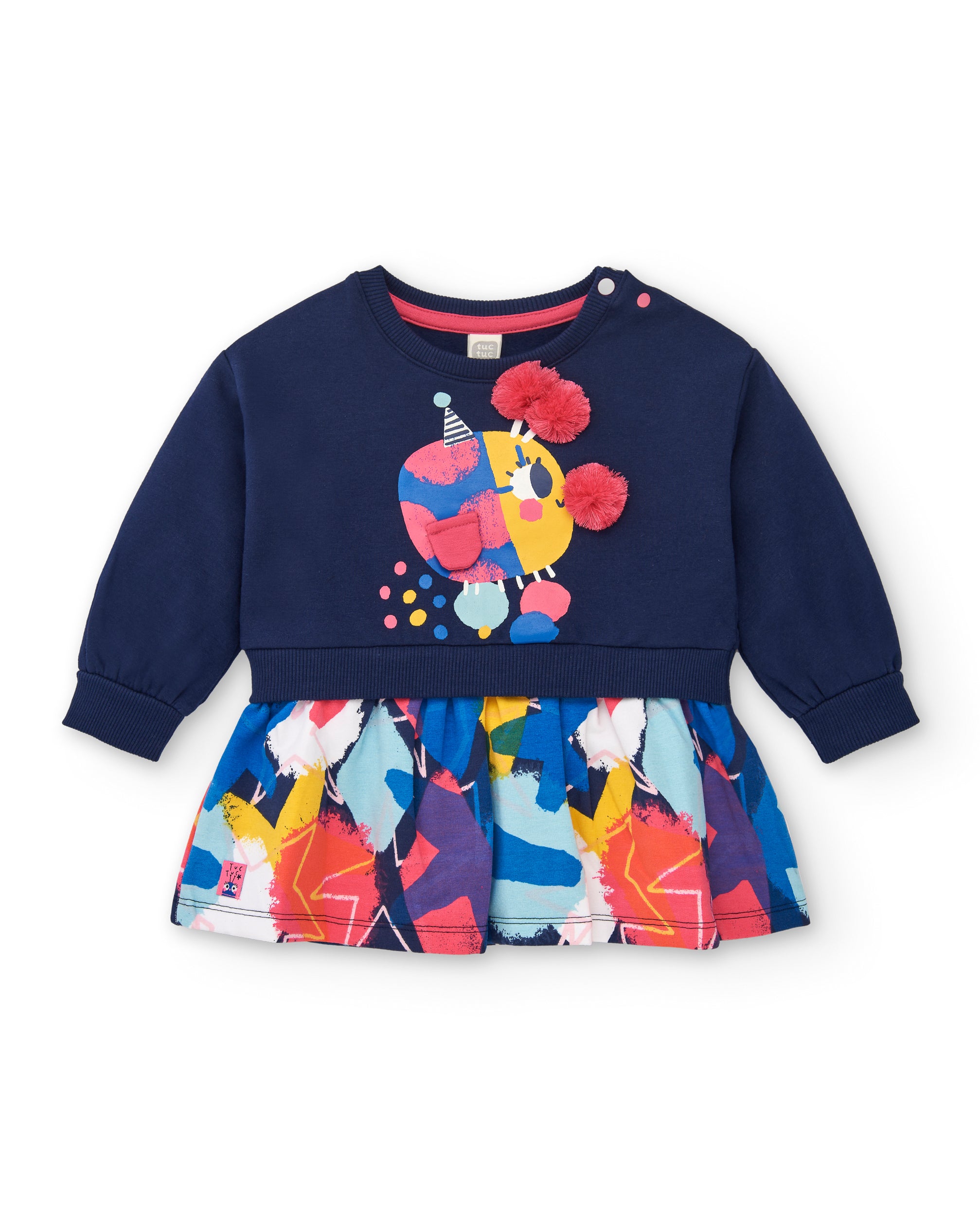 Vestido felpa niña en azul marino con estampado multicolor