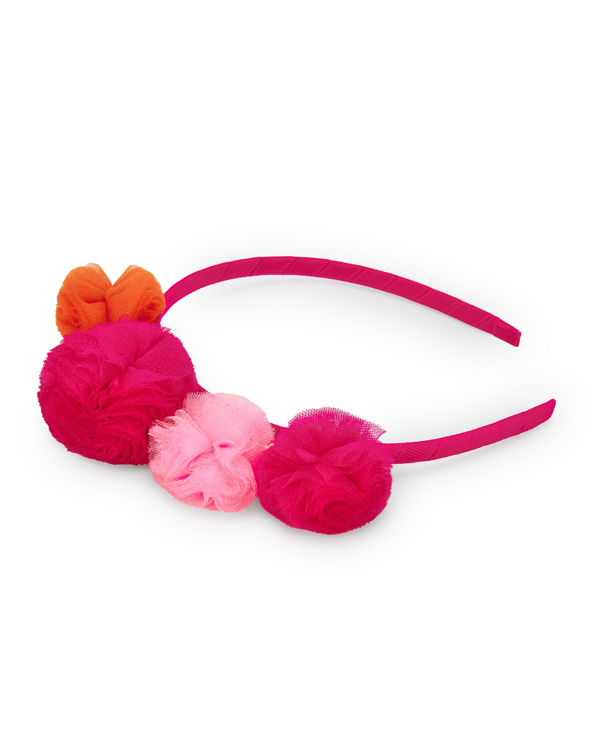 Diadema con flores de tul en tonos fucsia y naranja colección