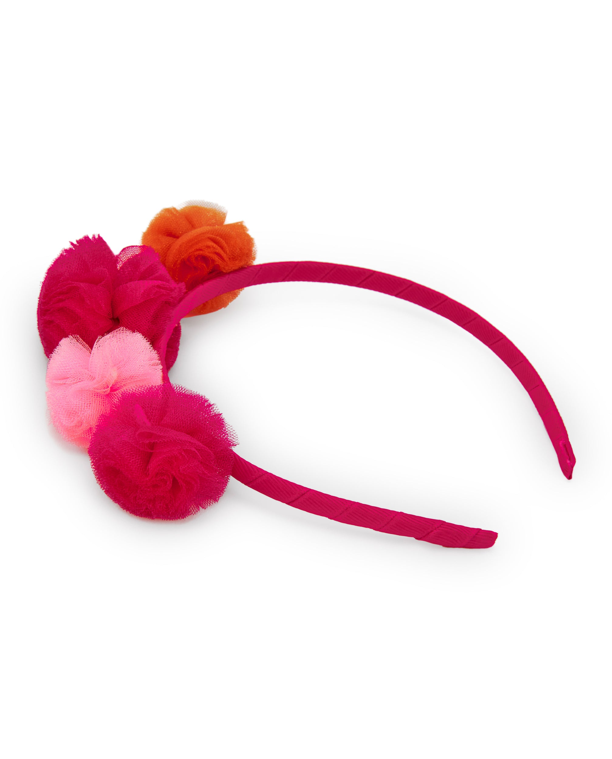 Diadema con flores de tul en tonos fucsia y naranja colección