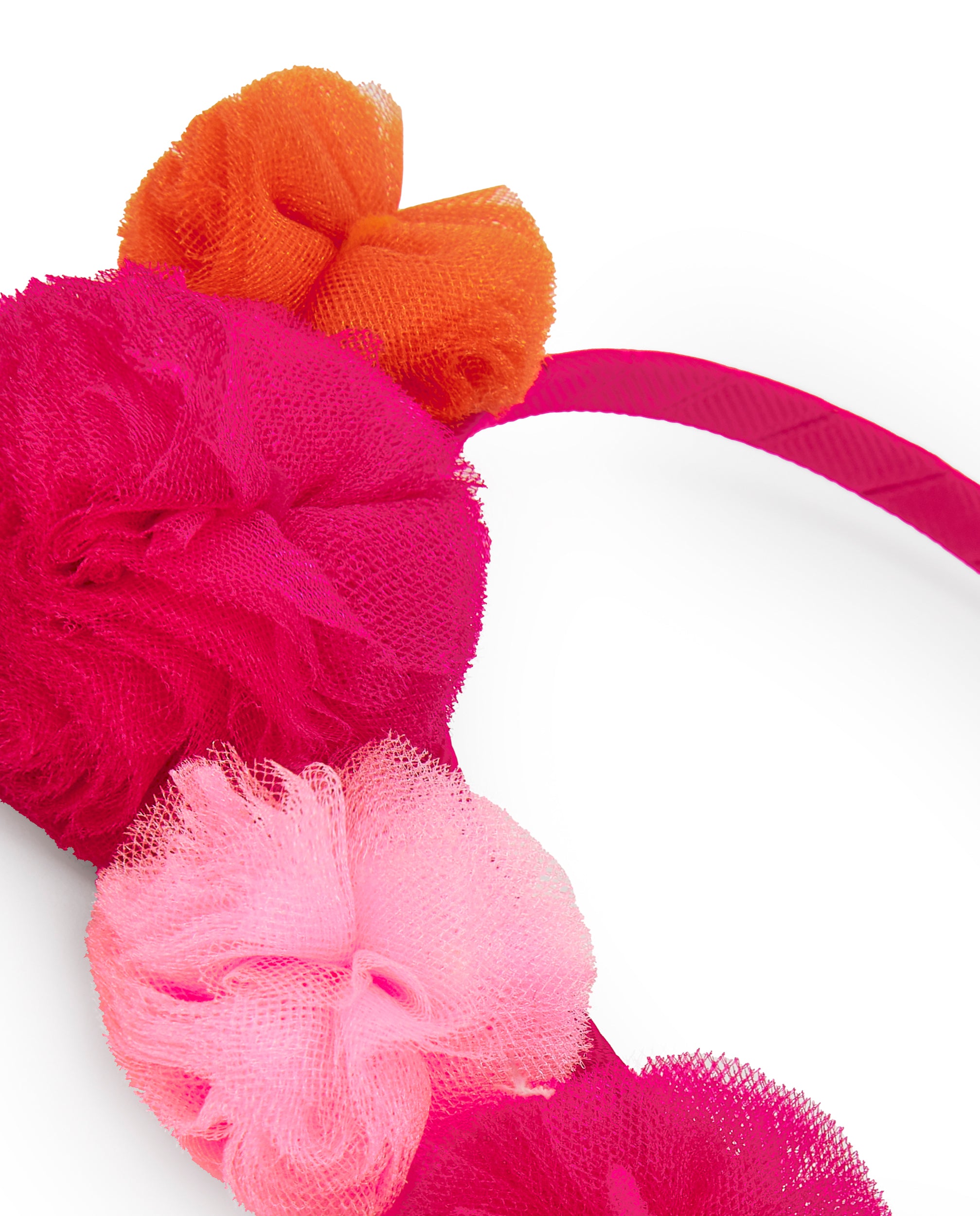 Diadema con flores de tul en tonos fucsia y naranja colección