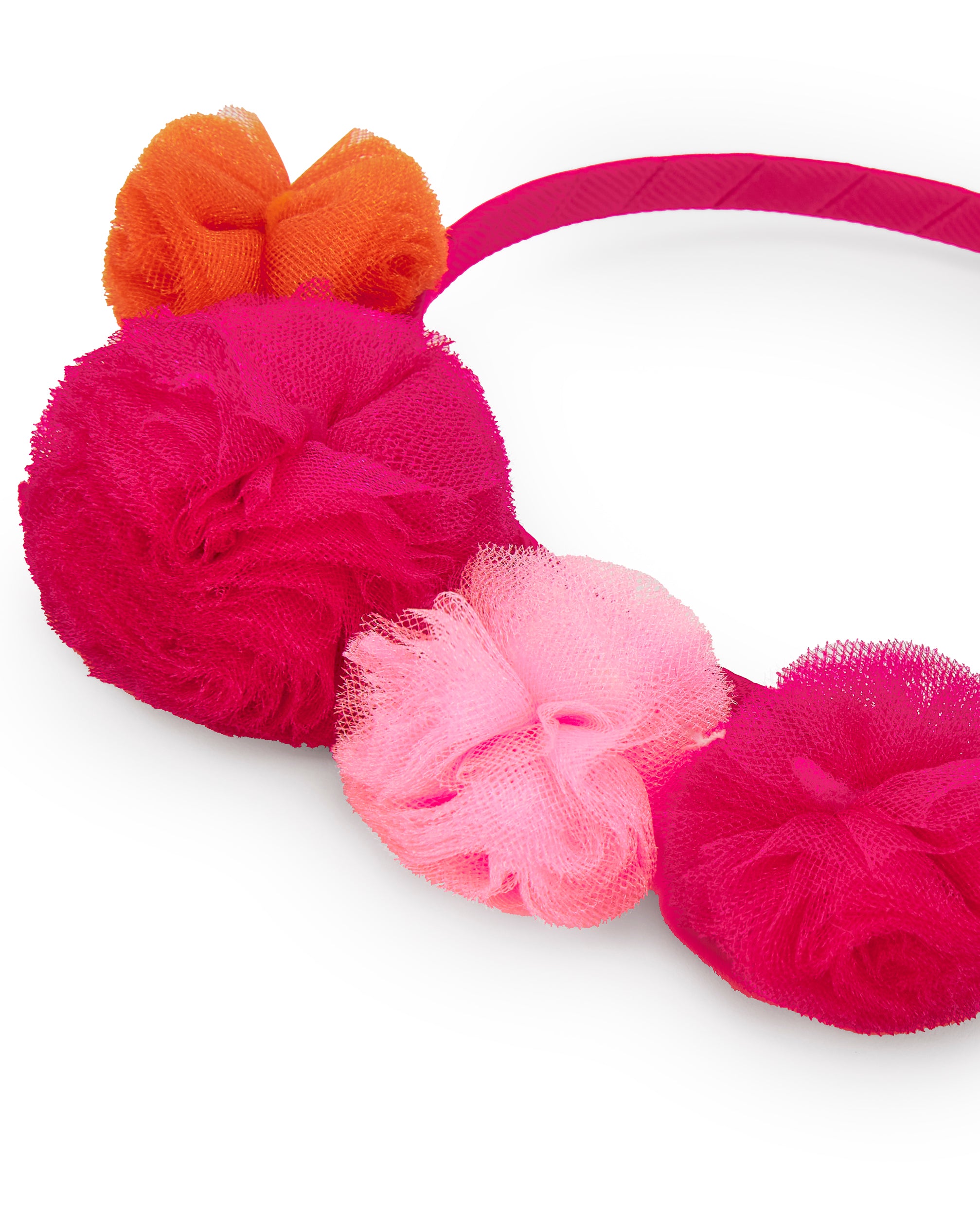 Diadema con flores de tul en tonos fucsia y naranja colección