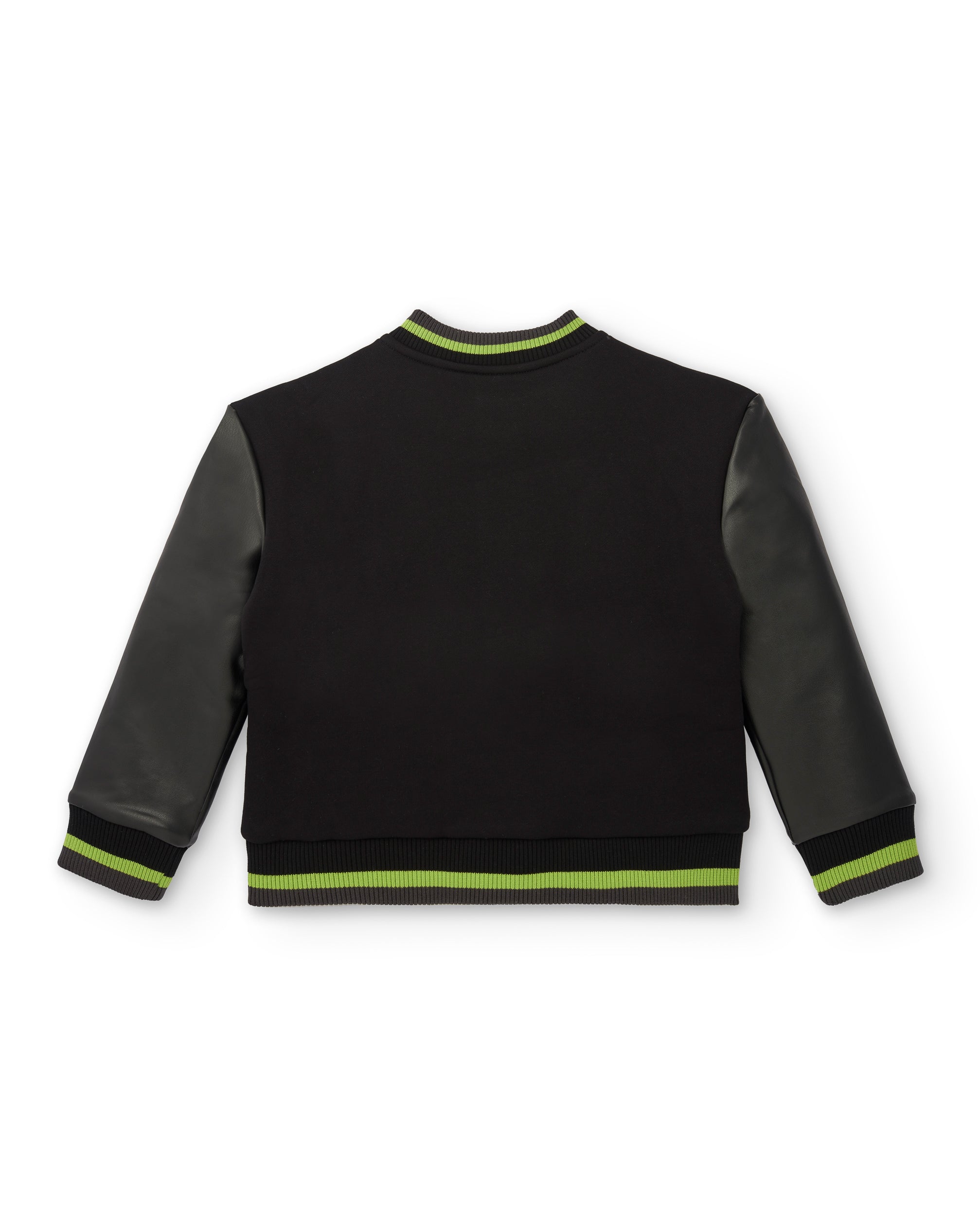 Chaqueta estilo varsity negra con detalles verdes para niño de