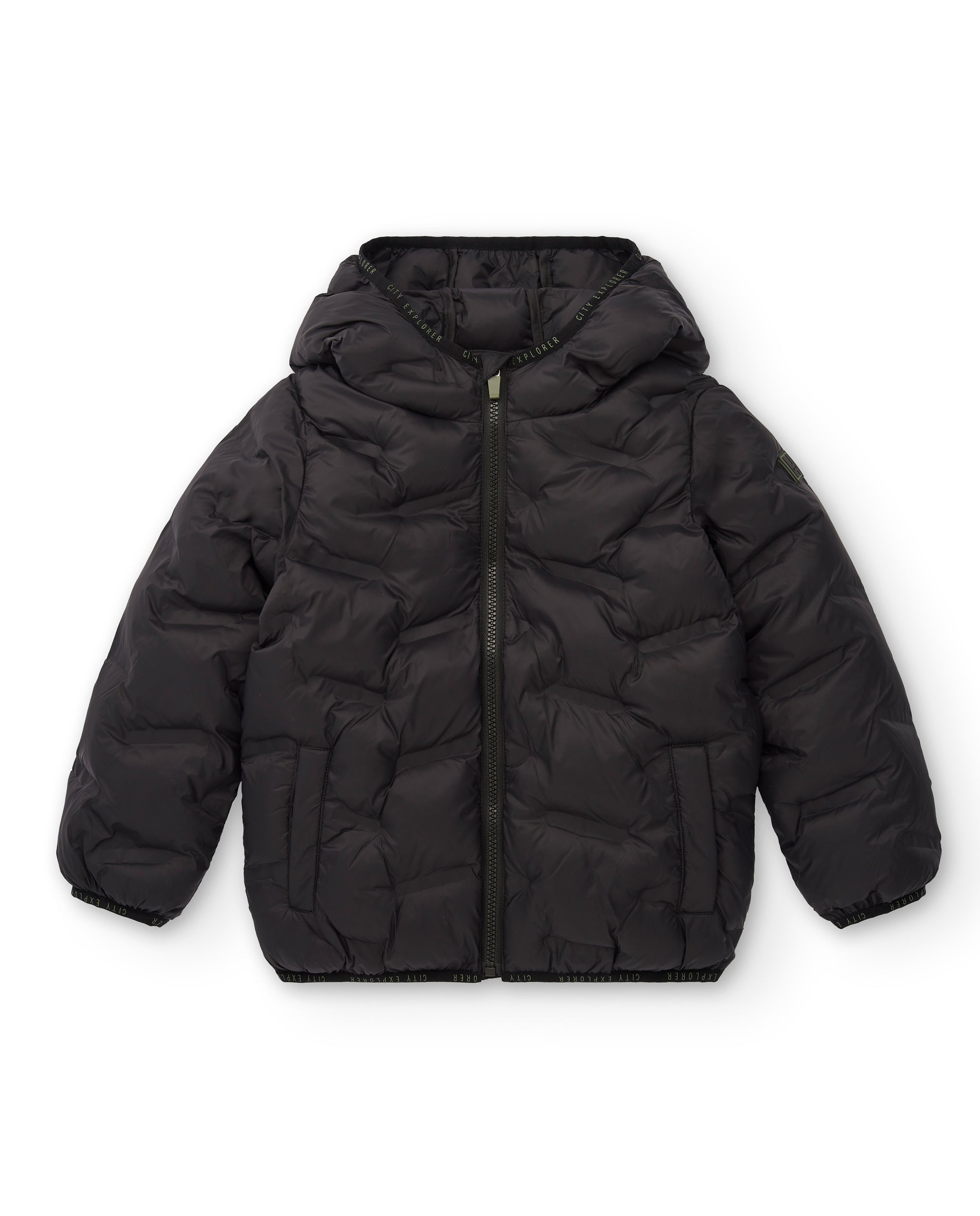 Chaqueta acolchada negra con capucha para niño de la colección