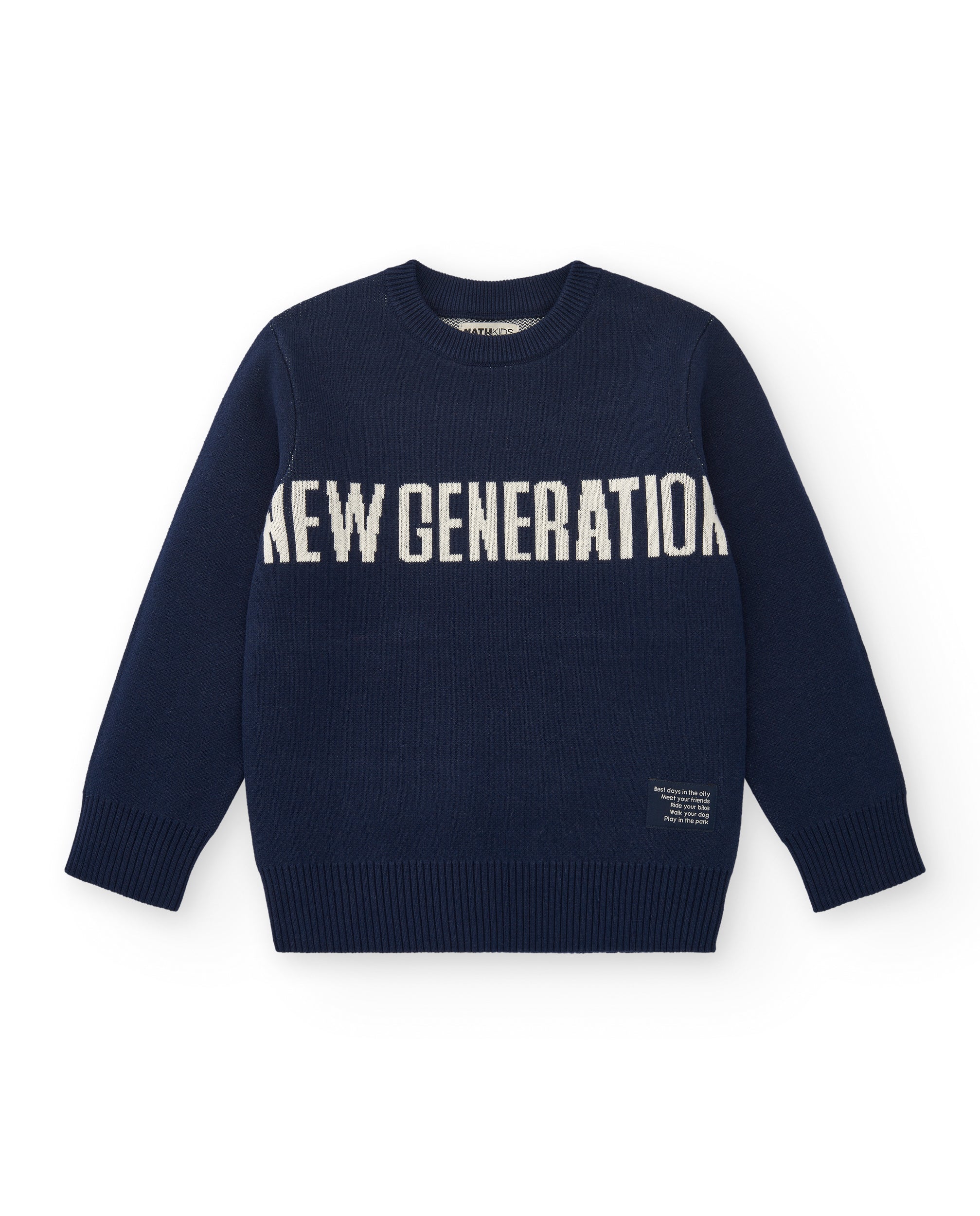 Jersey azul marino con texto "New Generation" para niño