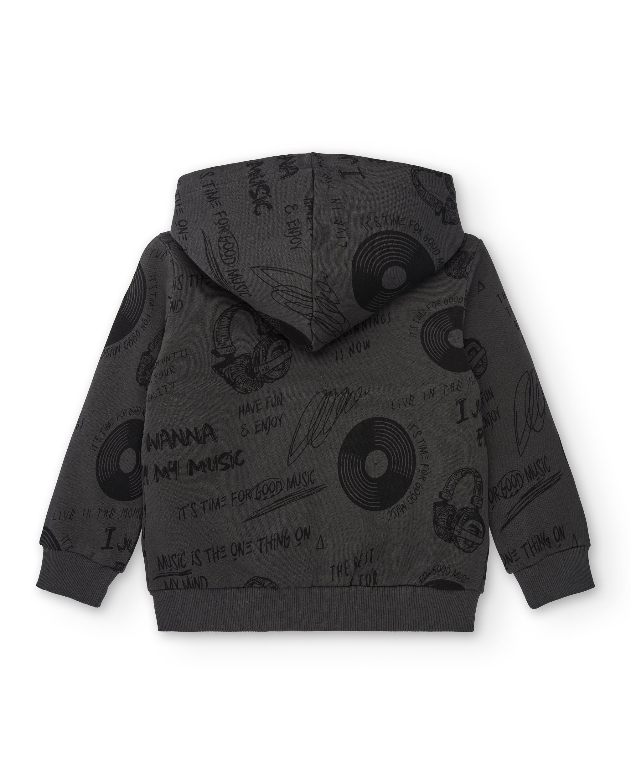 Sudadera con capucha gris oscuro y estampado musical para niño