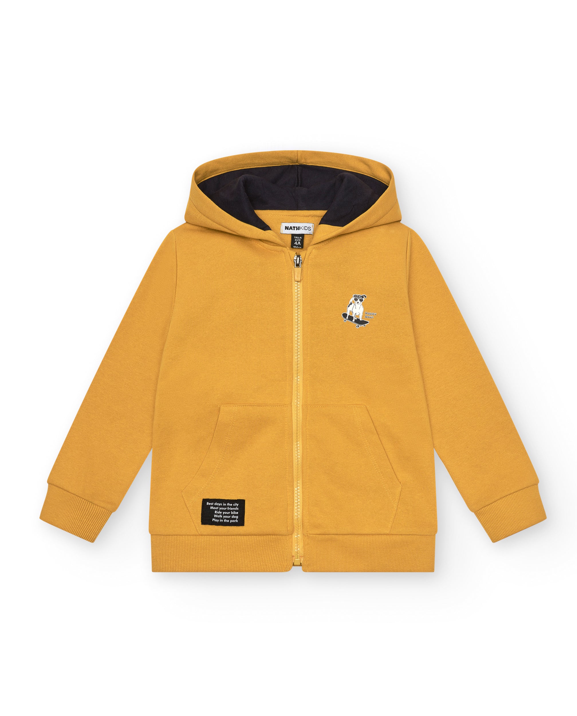 Sudadera amarilla con capucha y cremallera para niño colección