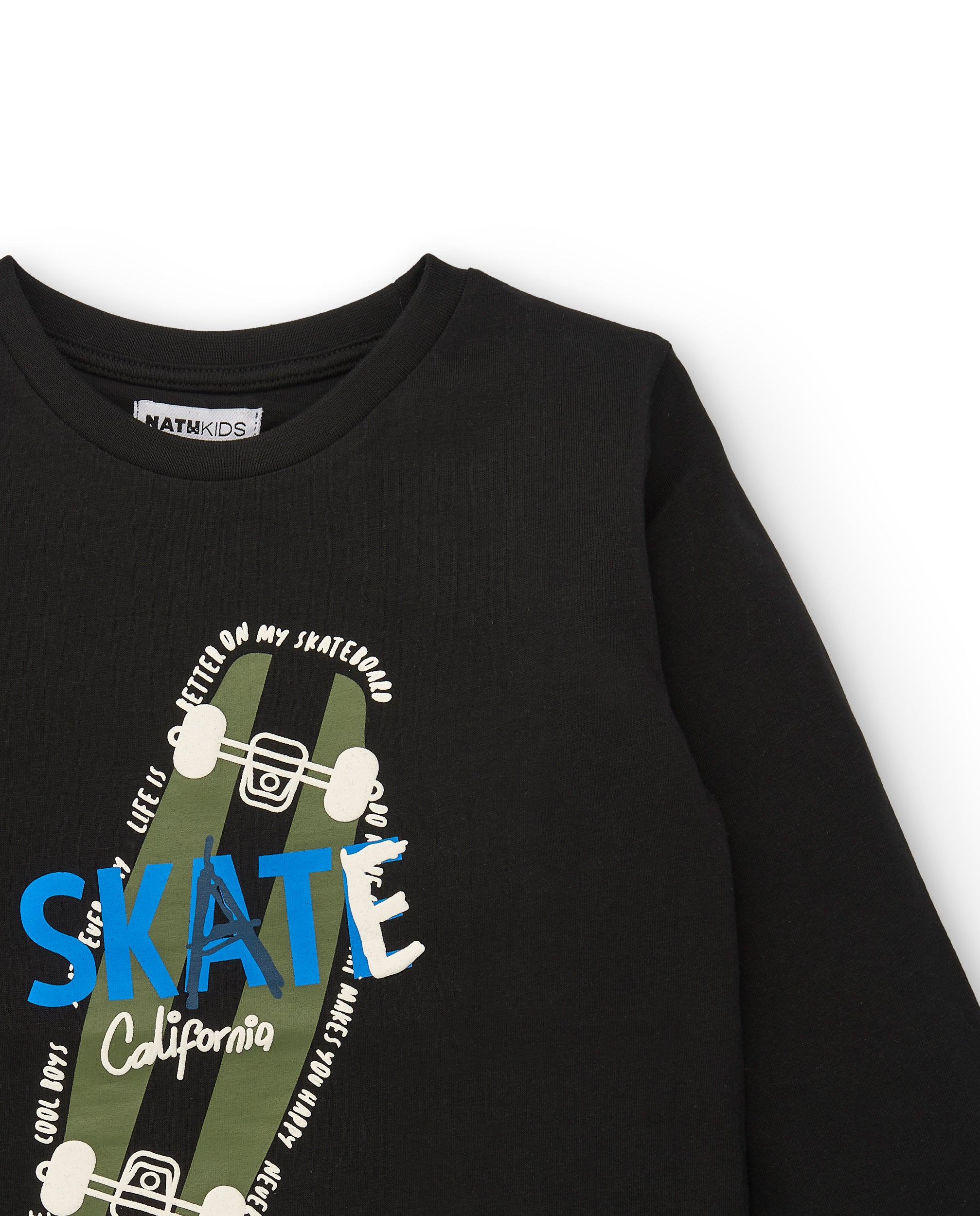 Camiseta negra de manga larga con estampado de skate para niño
