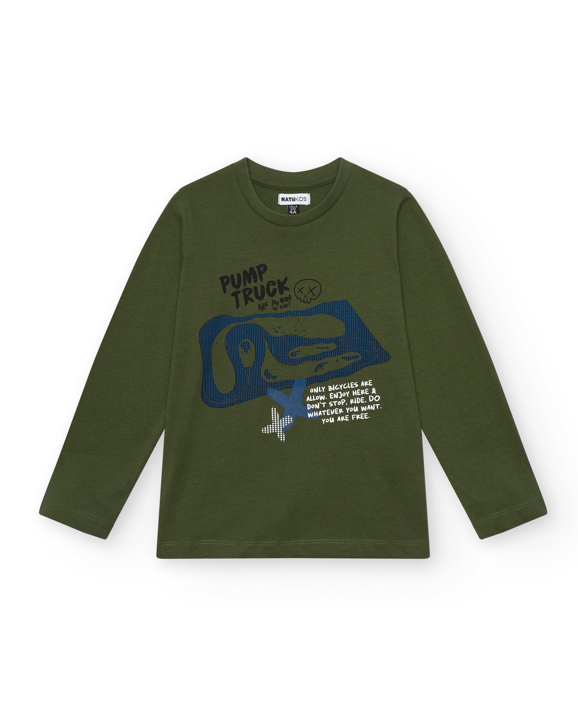 Camiseta verde de manga larga con estampado de Pump Track para