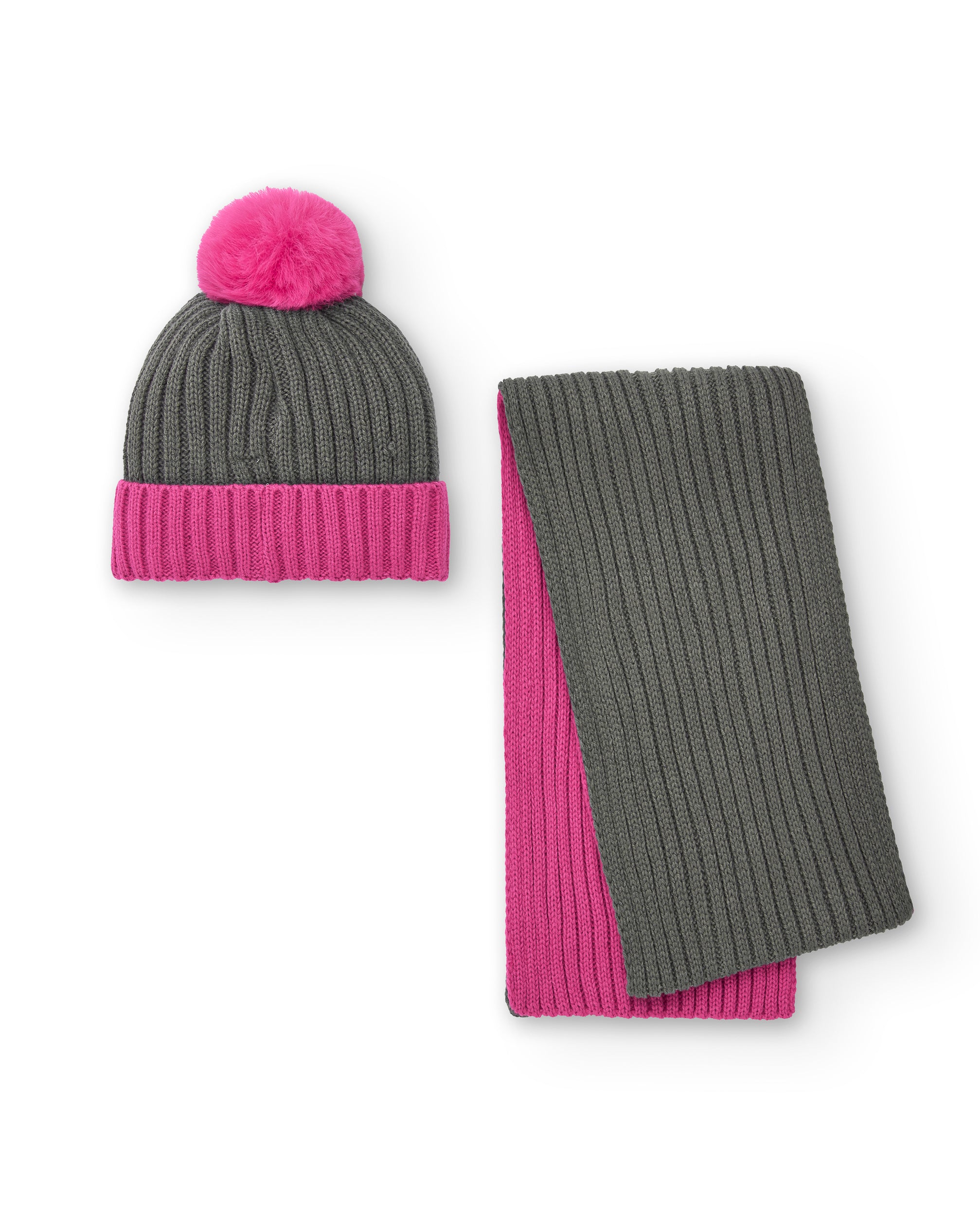 Conjunto de gorro y bufanda en gris y rosa para niña colección